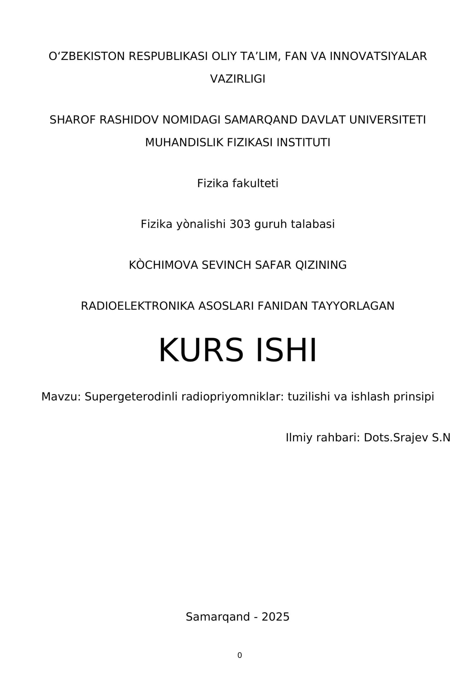 RADIOELEKTRONIKA ASOSLARI FANIDAN TAYYORLAGAN KURS ISHI 1