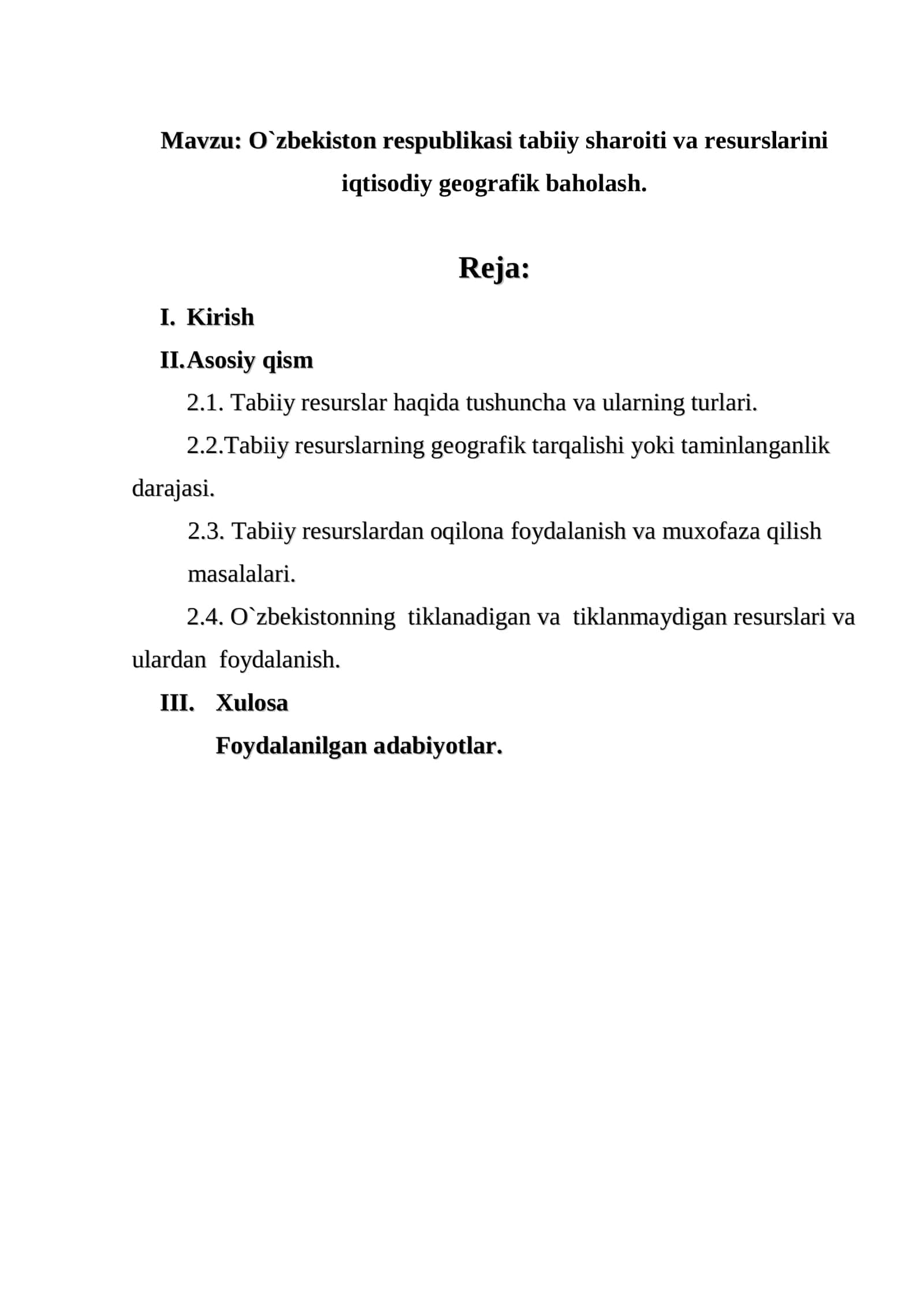 O`zbekiston respublikasi tabiiy sharoiti va resurslarini iqtisodiy geografik baholash 1