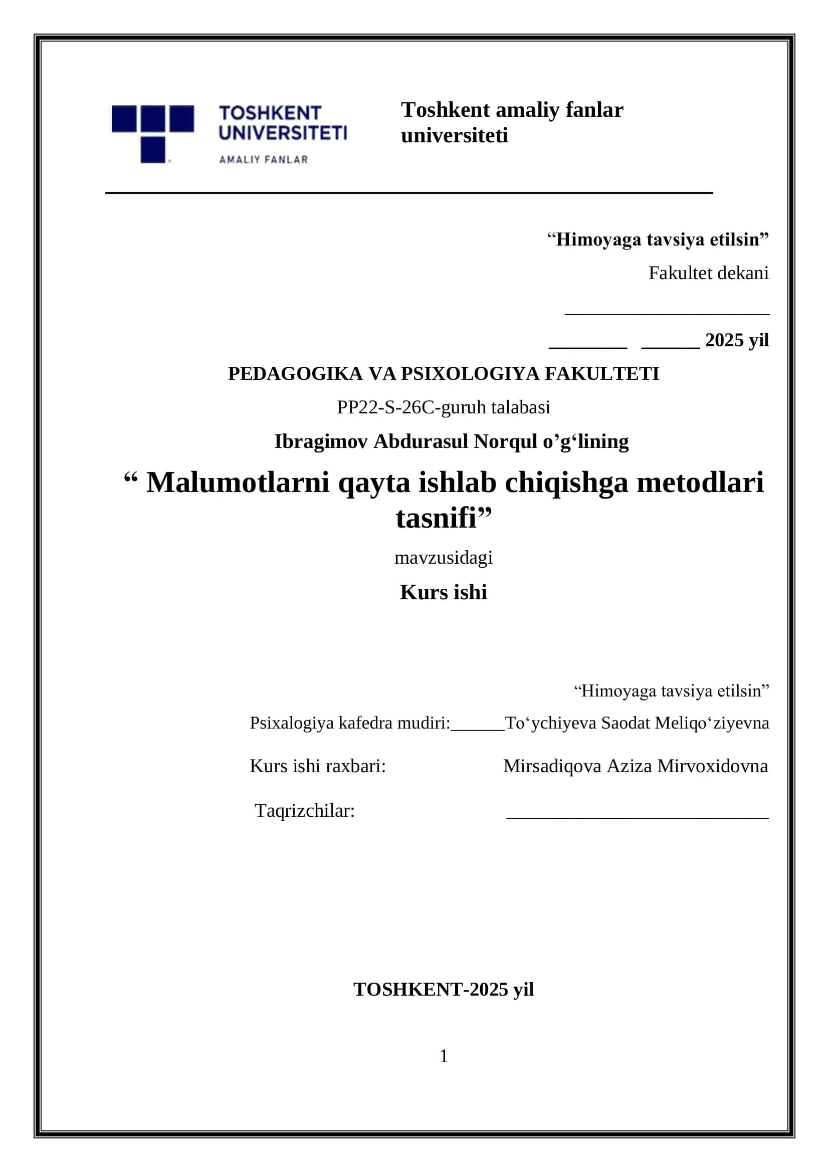 Ma’lumotlarni qayta ishlab chiqishga metodlari tasnifi 1