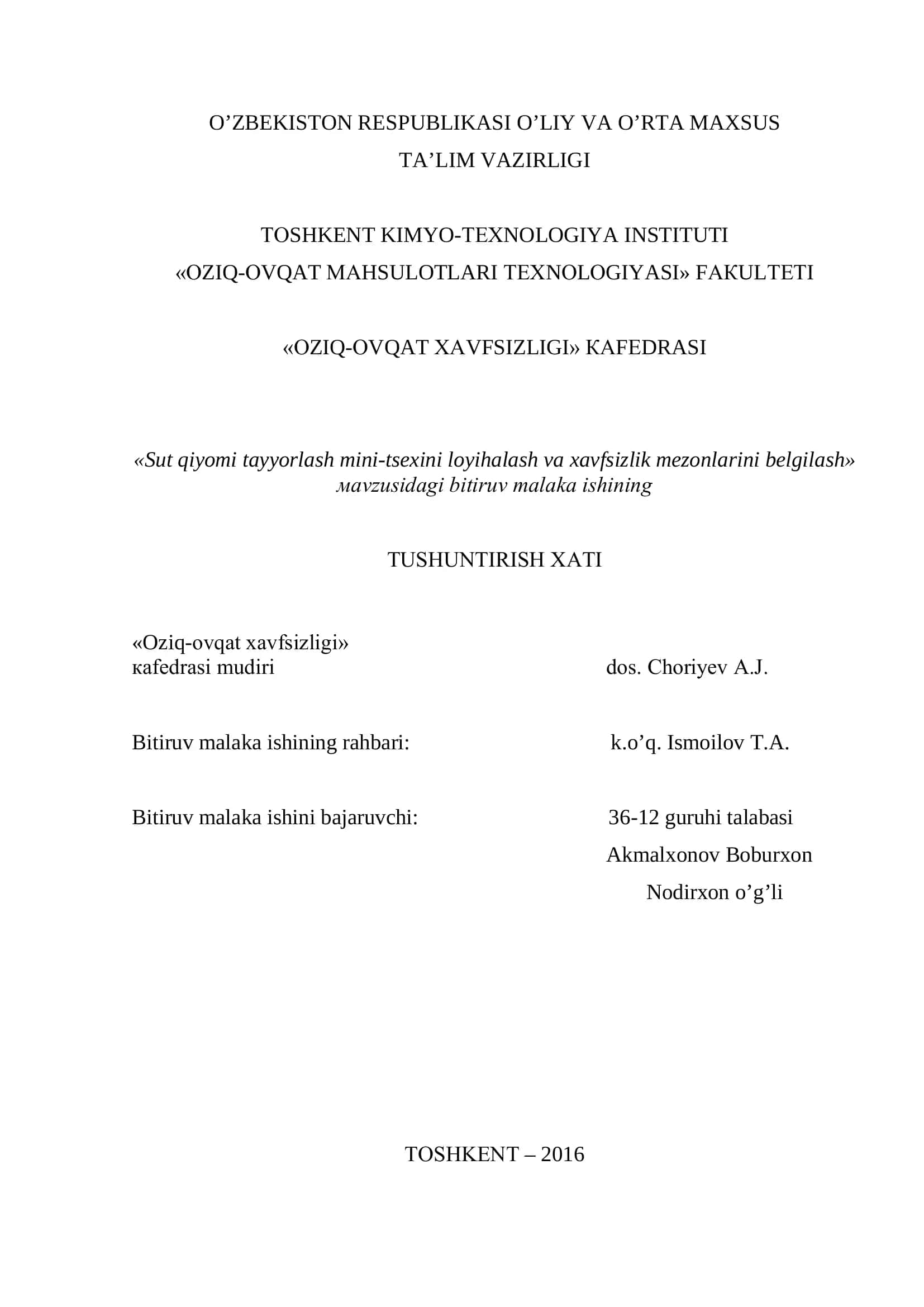 Sut qiyomi tayyorlash mini-tsexini loyihalash va xavfsizlik mezonlarini belgilash 1