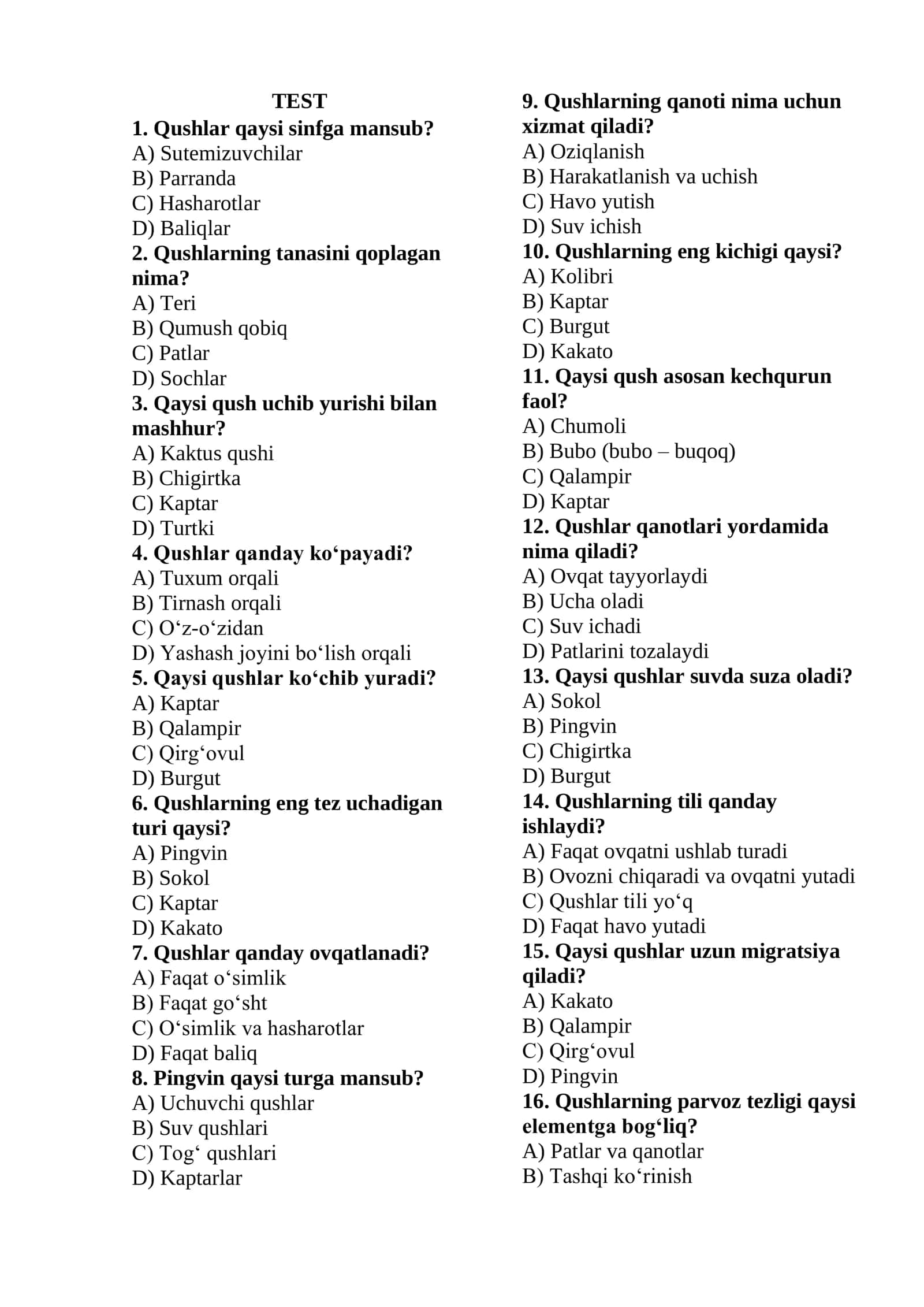 Qushlar Testi 1