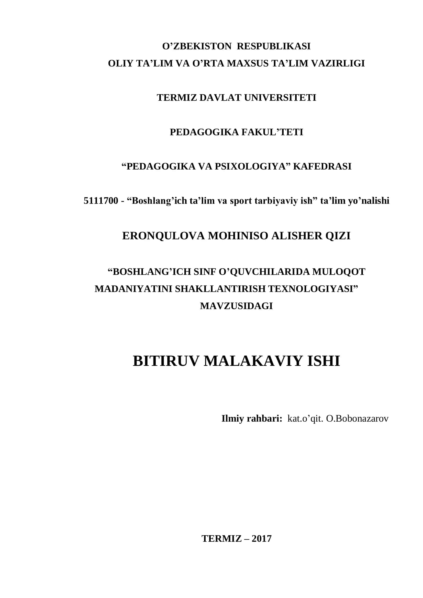 BOSHLANG’ICH SINF O’QUVCHILARIDA MULOQOT MADANIYATINI SHAKLLANTIRISH TEXNOLOGIYASI 1