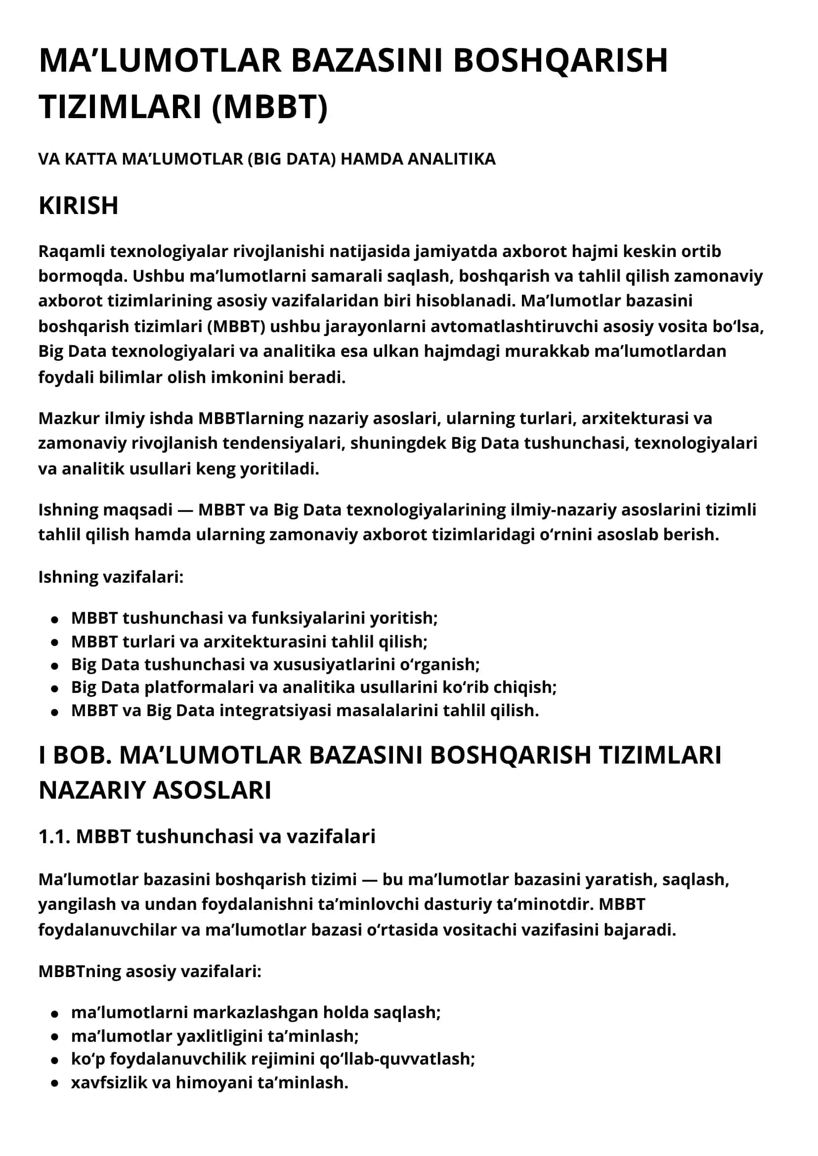 MA’LUMOTLAR BAZASINI BOSHQARISH TIZIMLARI (MBBT) 1