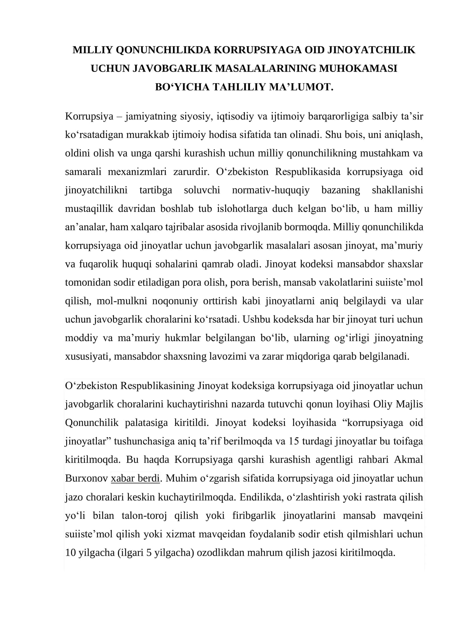 MILLIY QONUNCHILIKDA KORRUPSIYAGA OID JINOYATCHILIK UCHUN JAVOBGARLIK MASALALARINING MUHOKAMASI BO‘YICHA TAHLILIY MA’LUMOT 1