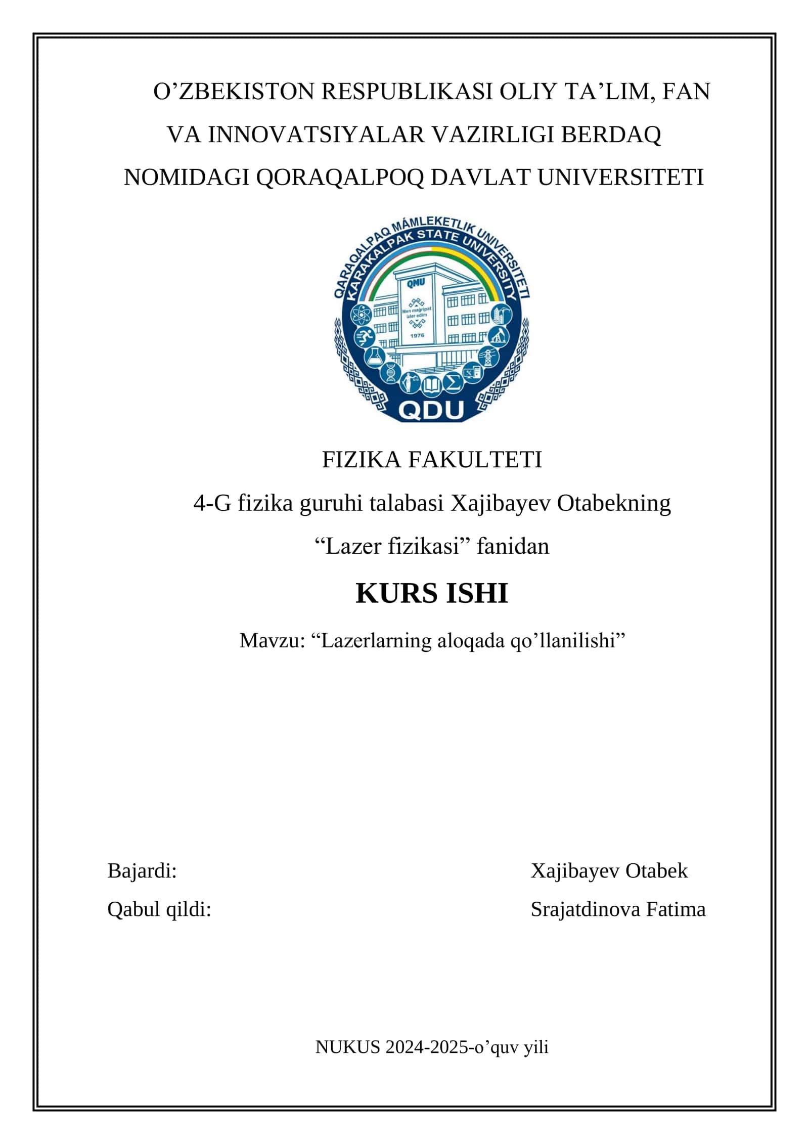 Lazerlarning aloqada qo’llanilishi 1