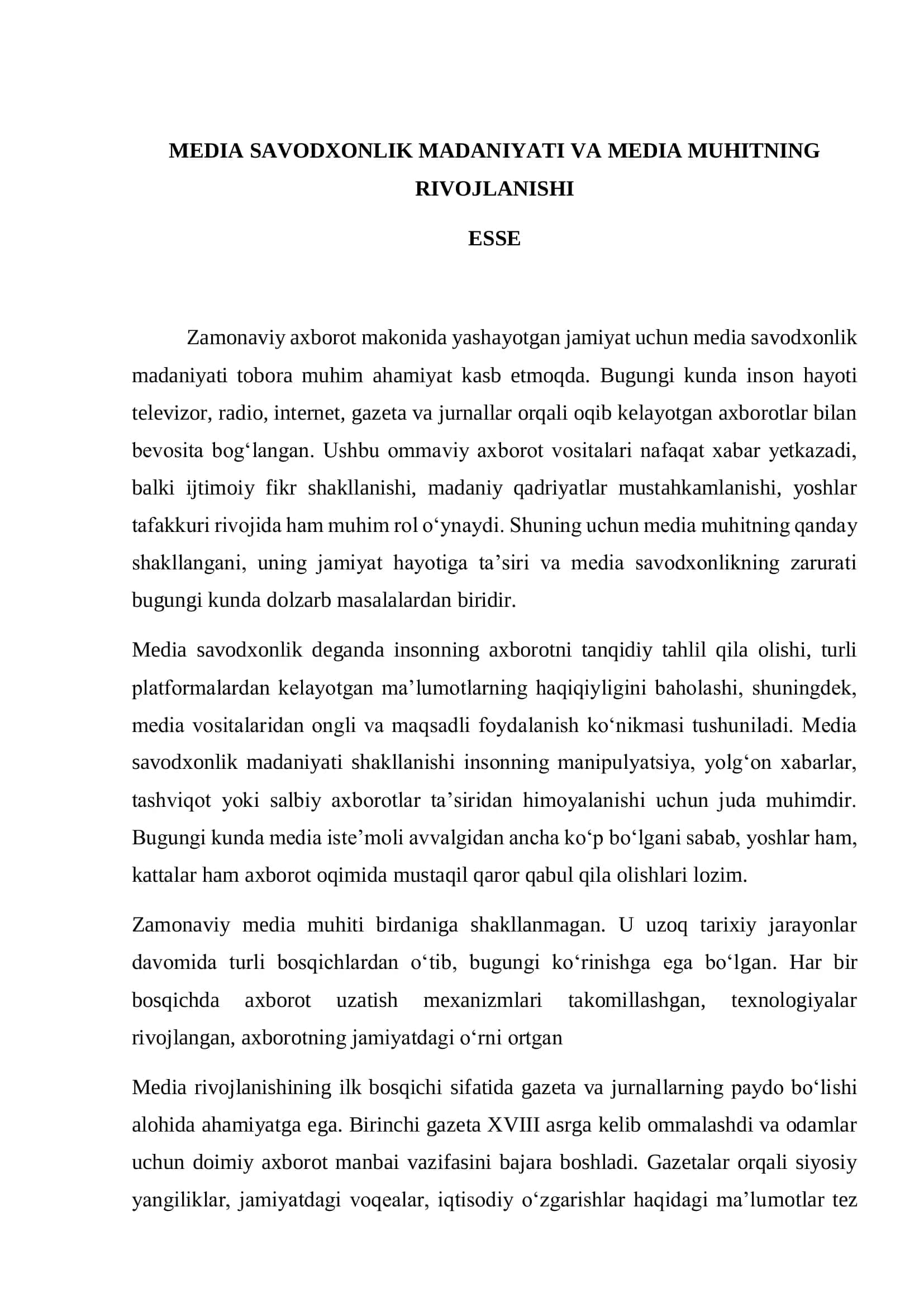 MEDIA SAVODXONLIK MADANIYATI VA MEDIA MUHITNING RIVOJLANISHI 1