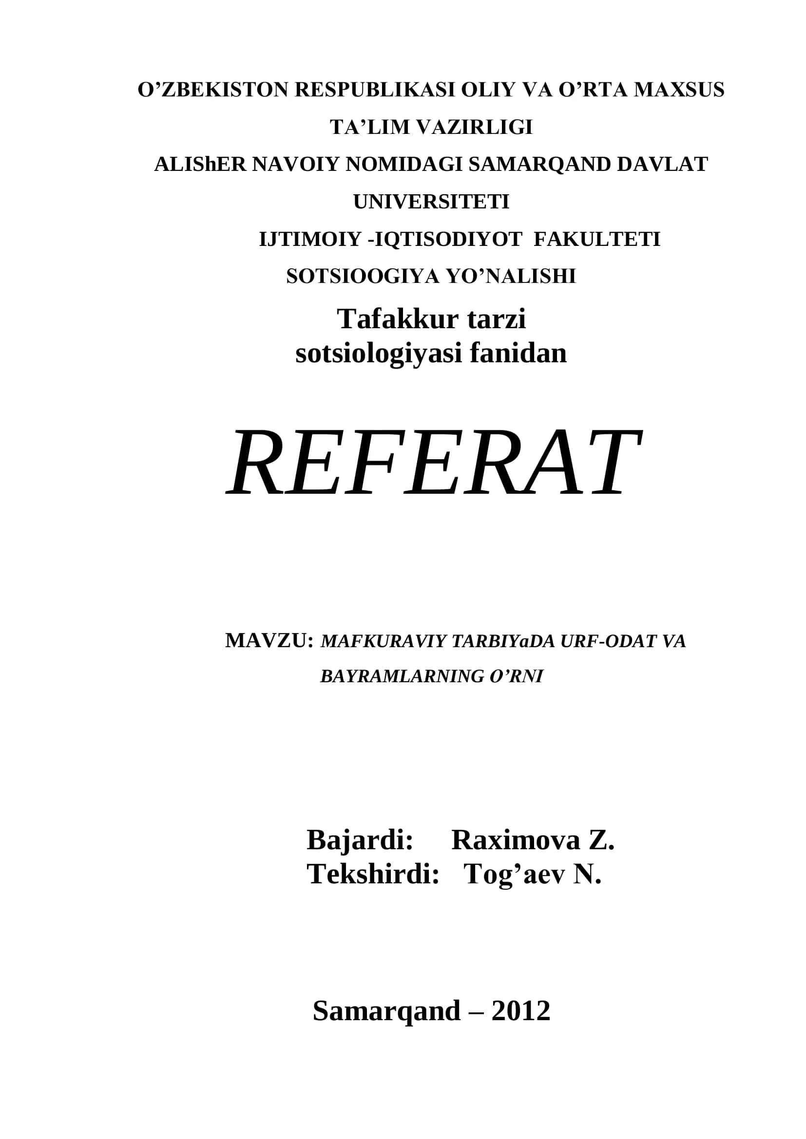 MAFKURAVIY TARBIYaDA URF-ODAT VA BAYRAMLARNING O’RNI 1