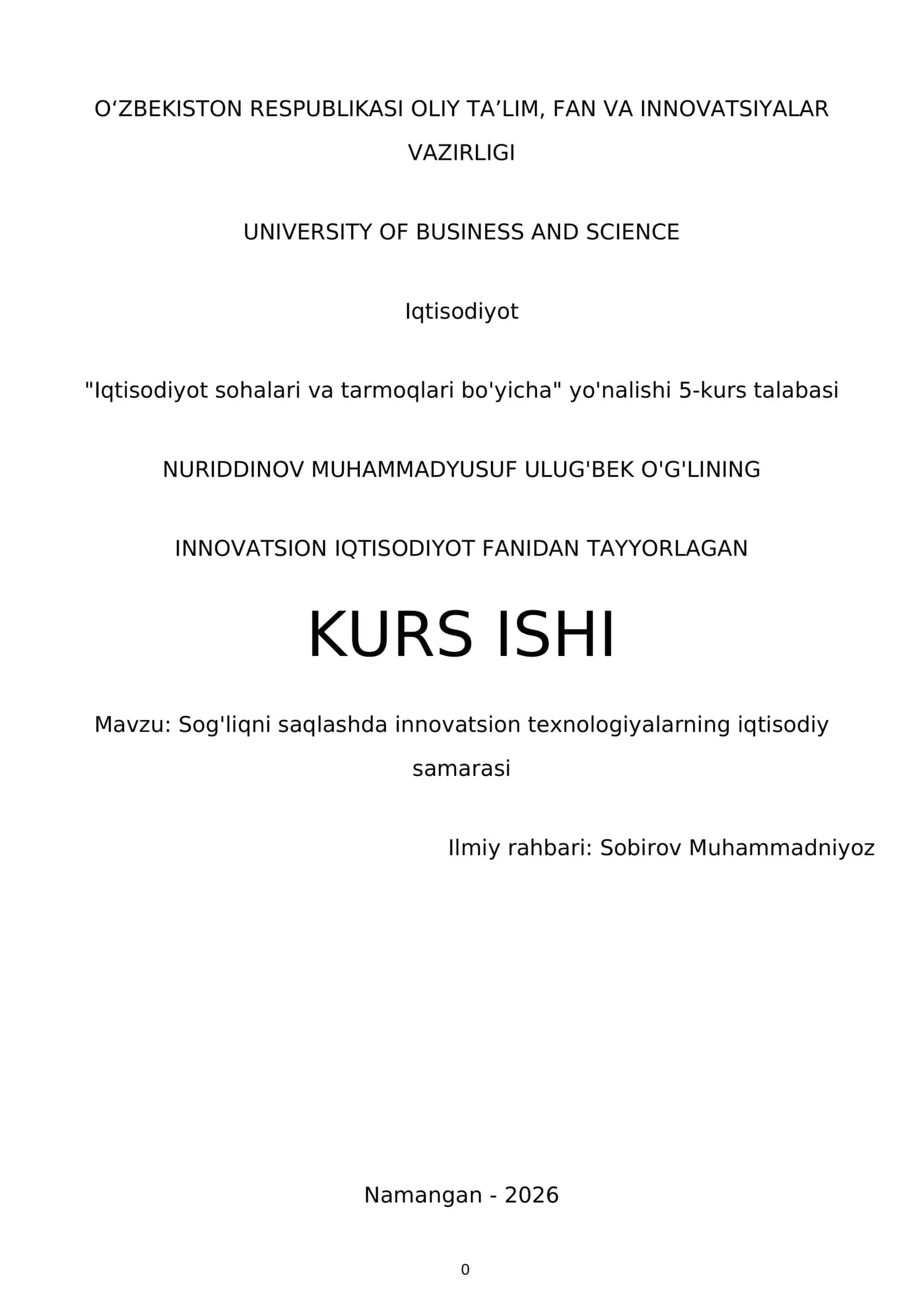 Innovatsion iqtisodiyot fanidan tayyorlagan kurs ishi 1