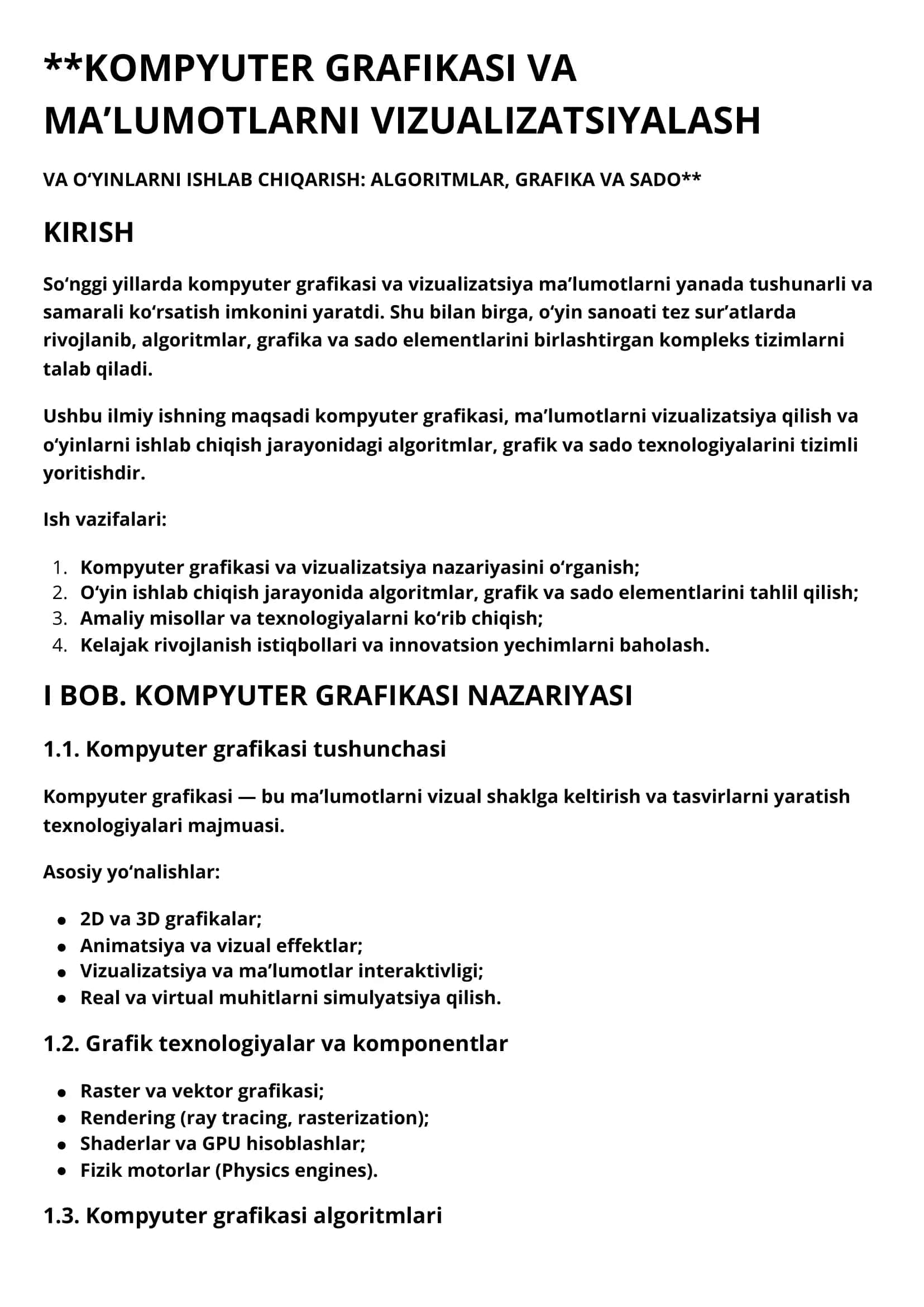 KOMPYUTER GRAFIKASI VA MA’LUMOTLARNI VIZUALIZATSIYALASH VA O‘YINLARNI ISHLAB CHIQARISH: ALGORITMLAR, GRAFIKA VA SADO 1