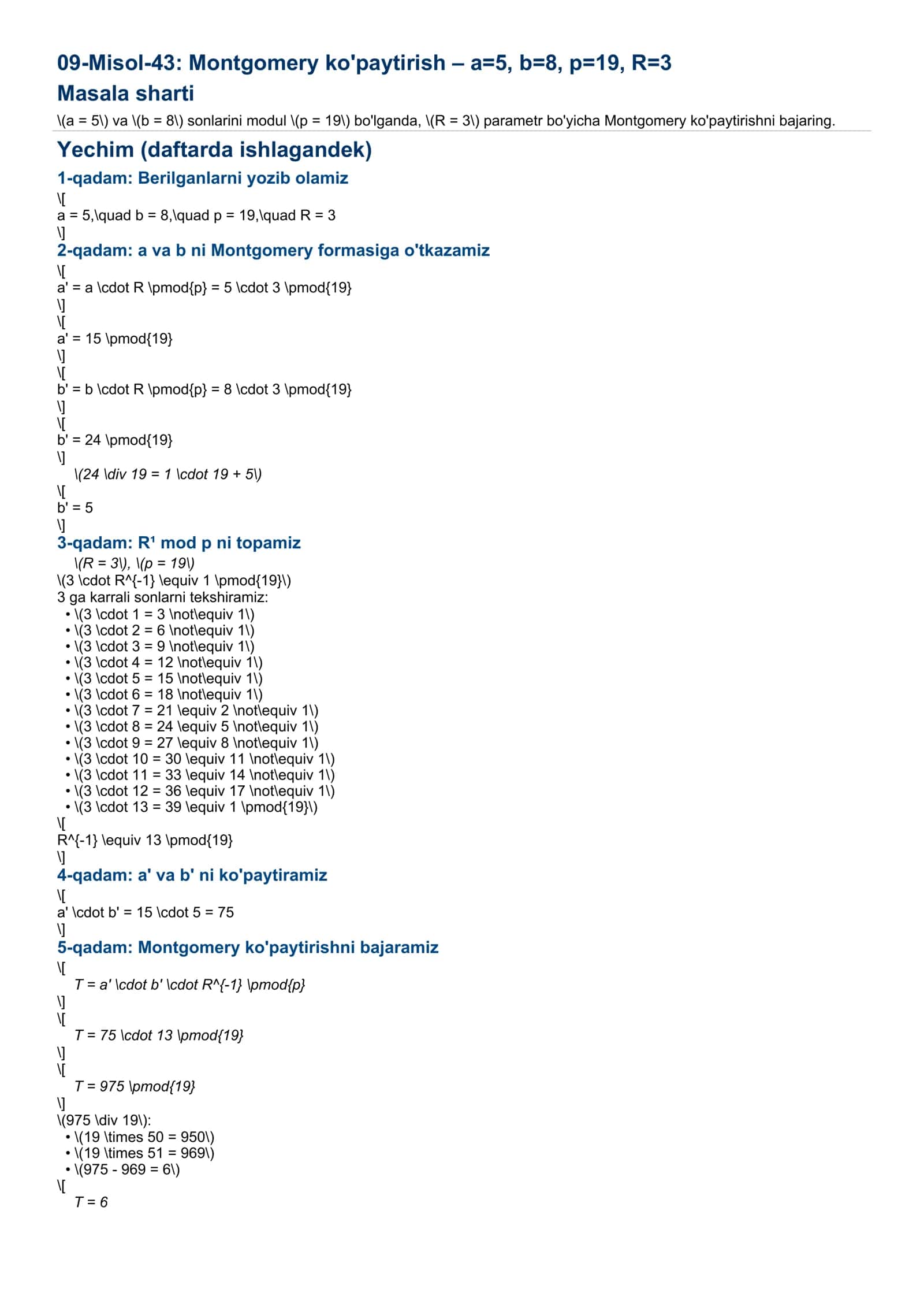 Montgomery ko'paytirish – a=5, b=8, p=19, R=3 1