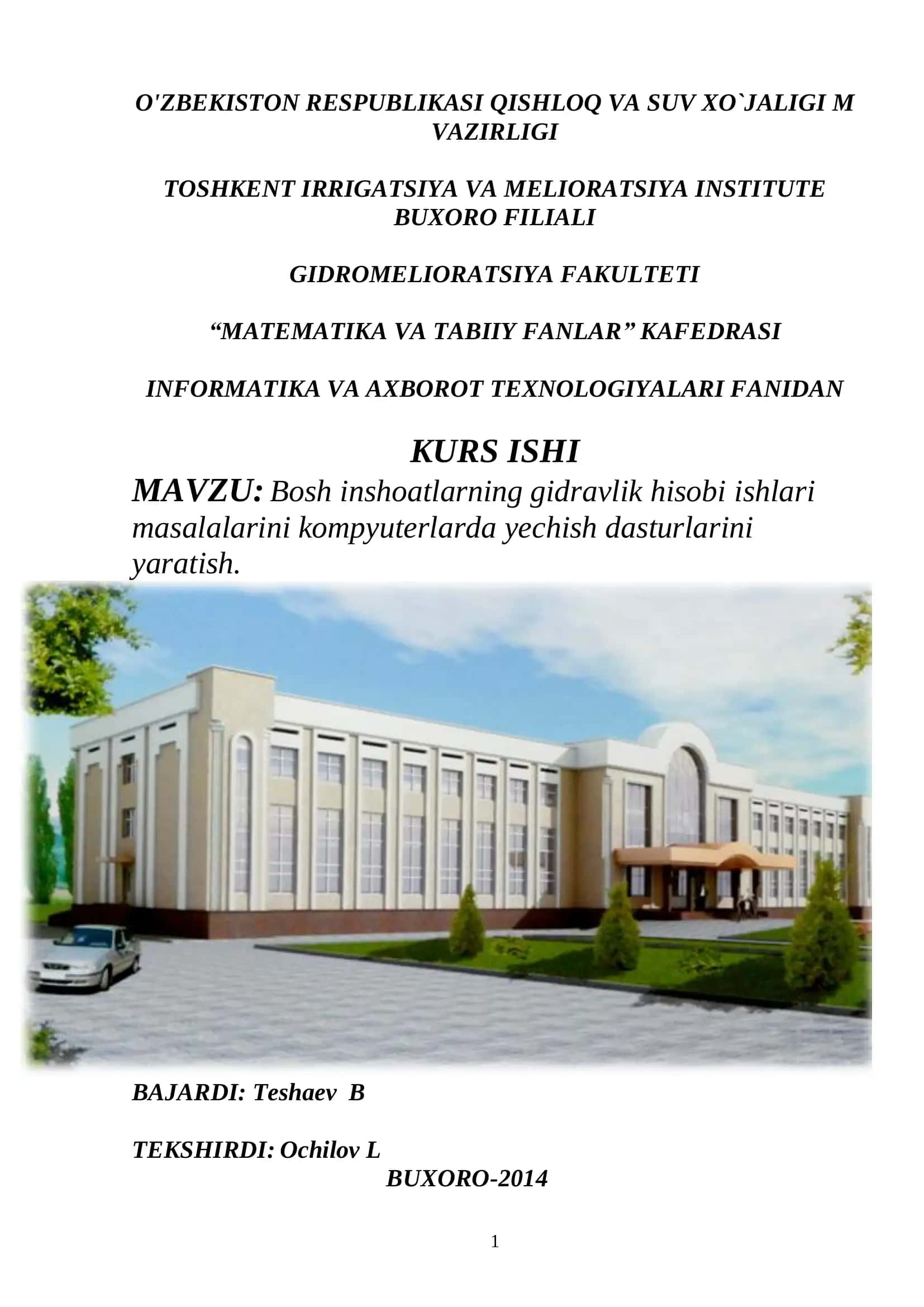 Bosh inshoatlarning gidravlik hisobi ishlari 1