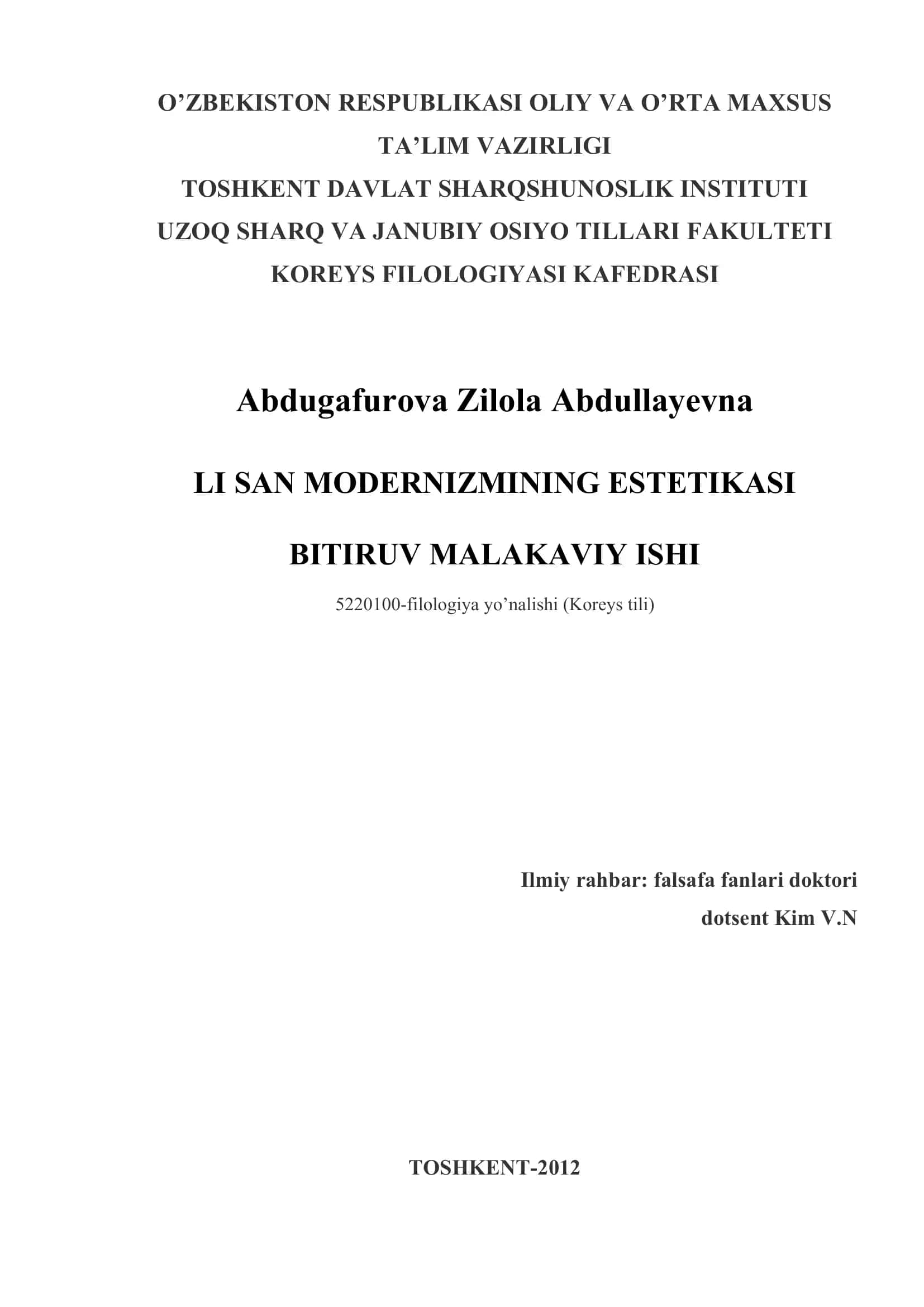 LI SAN MODERNIZMINING ESTETIKASI BITIRUV MALAKAVIY ISHI 1
