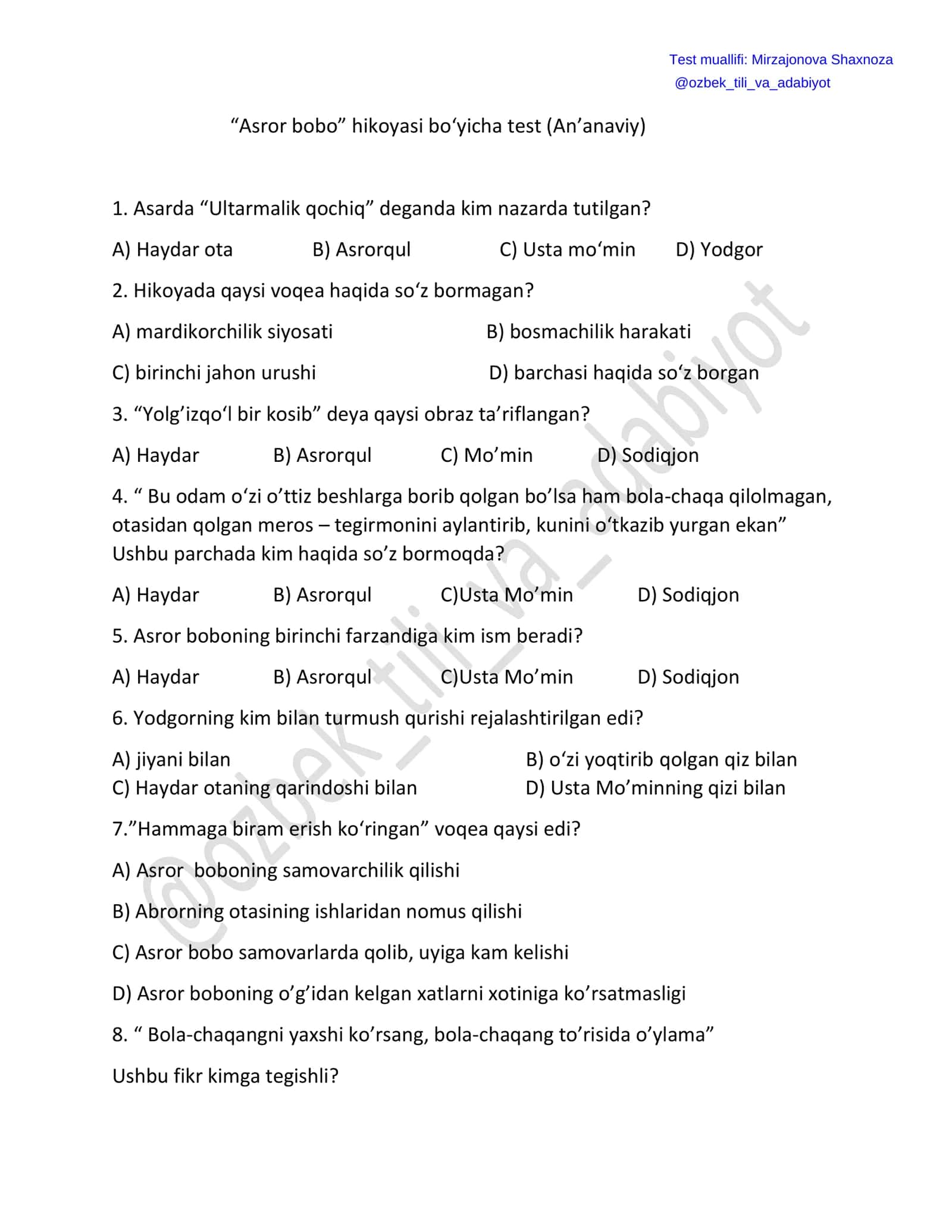 “Asror bobo” hikoyasi bo‘yicha test (An’anaviy) 1