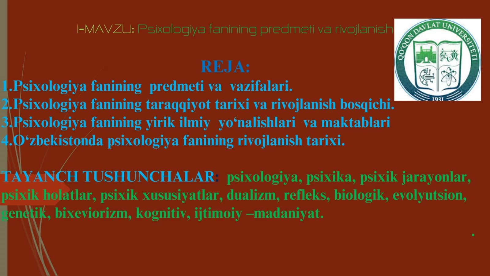 Psixologiya fanining predmeti va rivojlanish tarixi 1