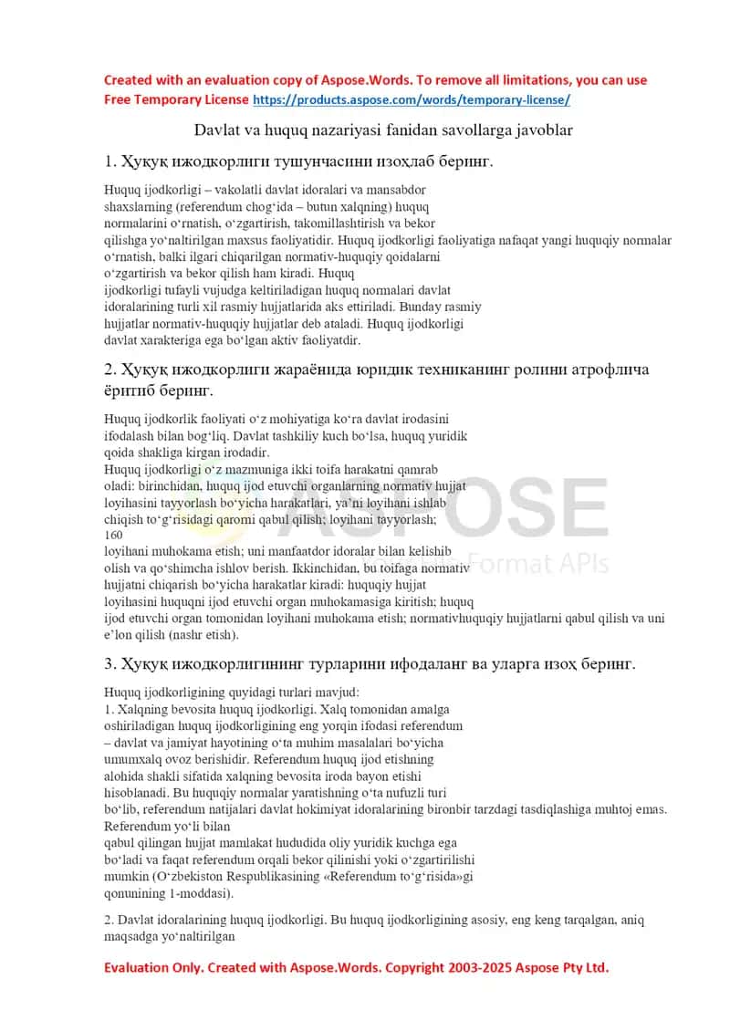 Davlat va huquq nazariyasi fanidan savollarga javoblar 1