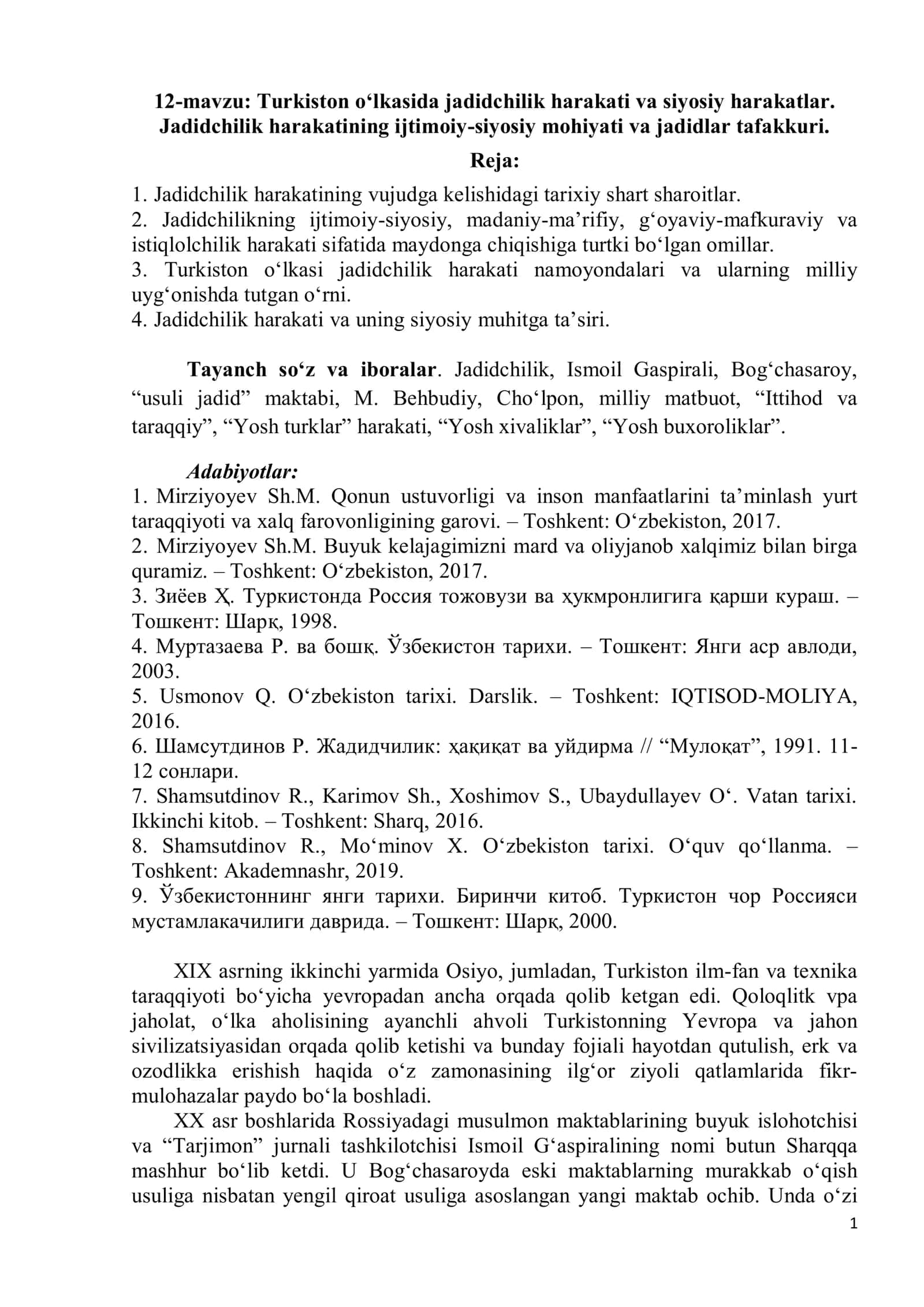 Turkiston o‘lkasida jadidchilik harakati va siyosiy harakatlar 1