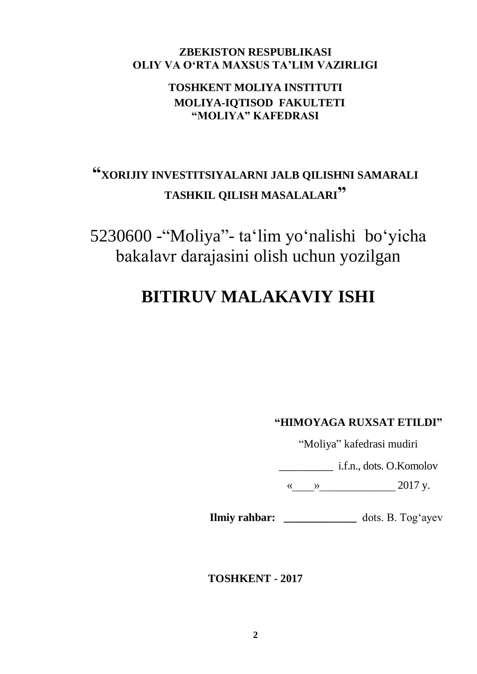 XORIJIY INVESTITSIYALARNI JALB QILISHNI SAMARALI TASHKIL QILISH MASALALARI 1