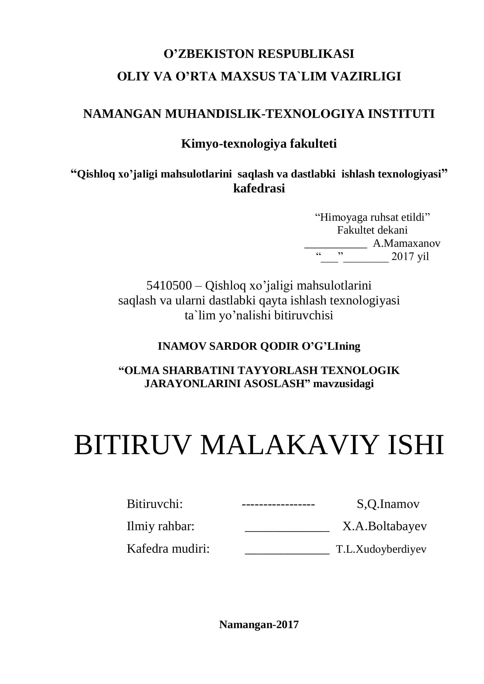 Qishloq xo'jaligi mahsulotlarini saqlash va dastlabki ishlash texnologiyasi ta'lim yo'nalishi bitiruvchisi 1