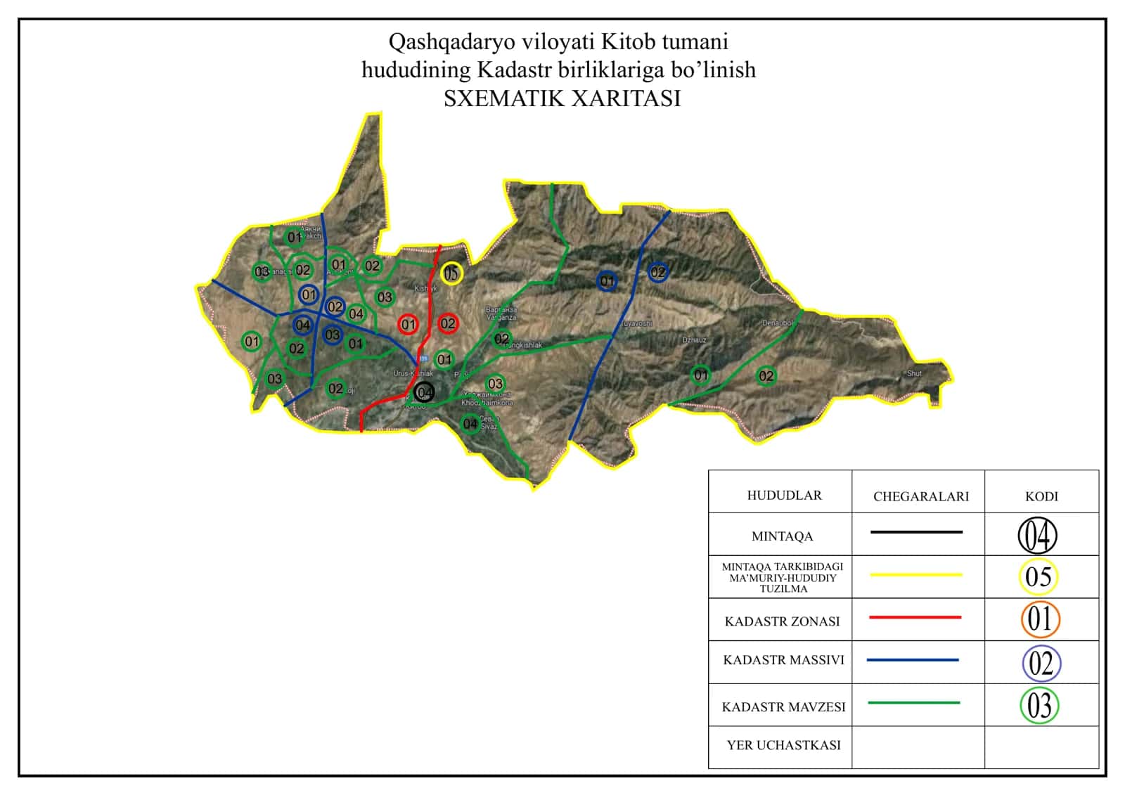 Qashqadaryo viloyati Kitob tumani hududining Kadastr birliklariga bo’linish SXEMATIK XARITASI 1