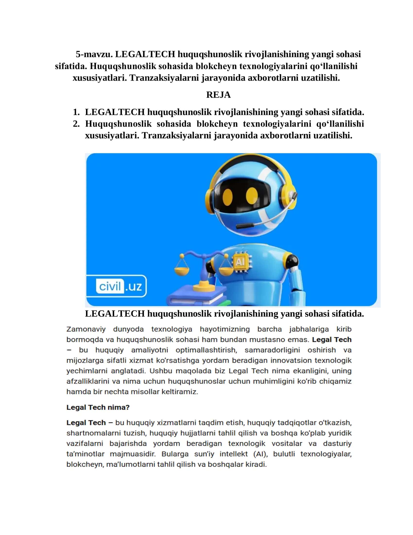 LEGALTECH huquqshunoslik rivojlanishining yangi sohasi 1