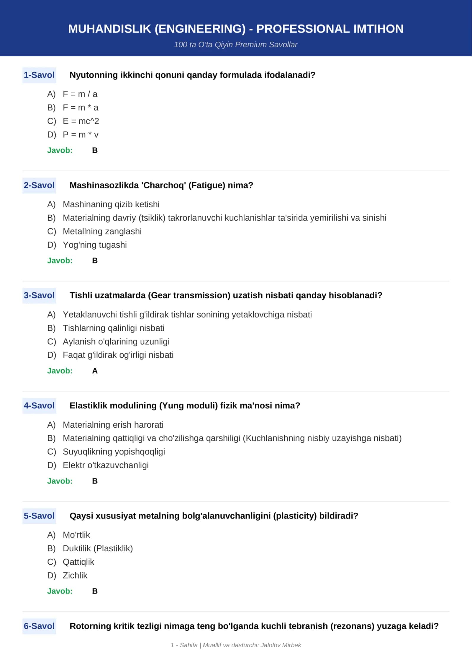 MUHANDISLIK (ENGINEERING) - PROFESSIONAL IMTIHON 1