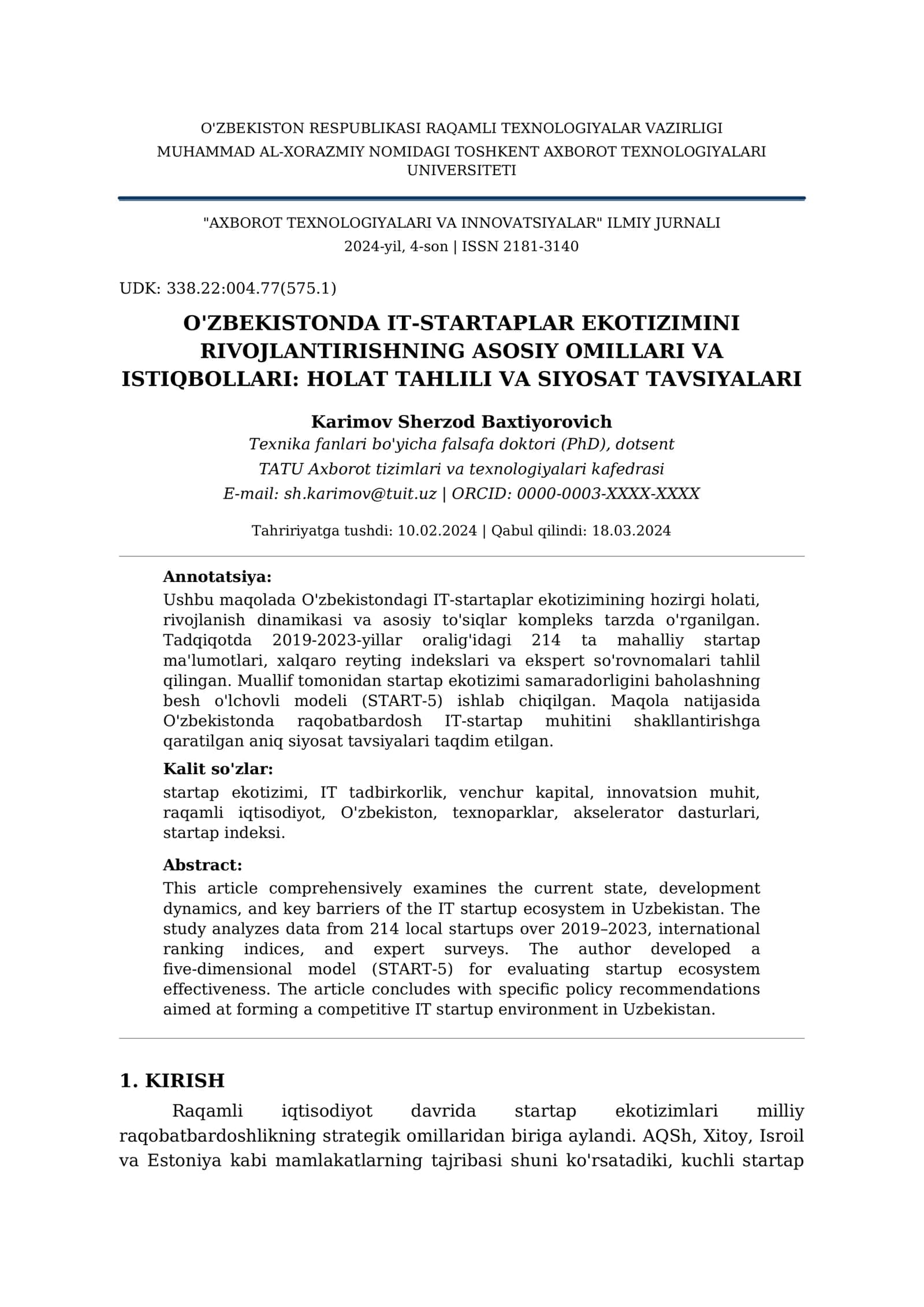 O'zbekistonda IT-Startaplar Ekotizimini Rivojlantirishning Asosiy Omillari va Istiqbollari: Holat Tahlili va Siyosat Tavsiyalari 1