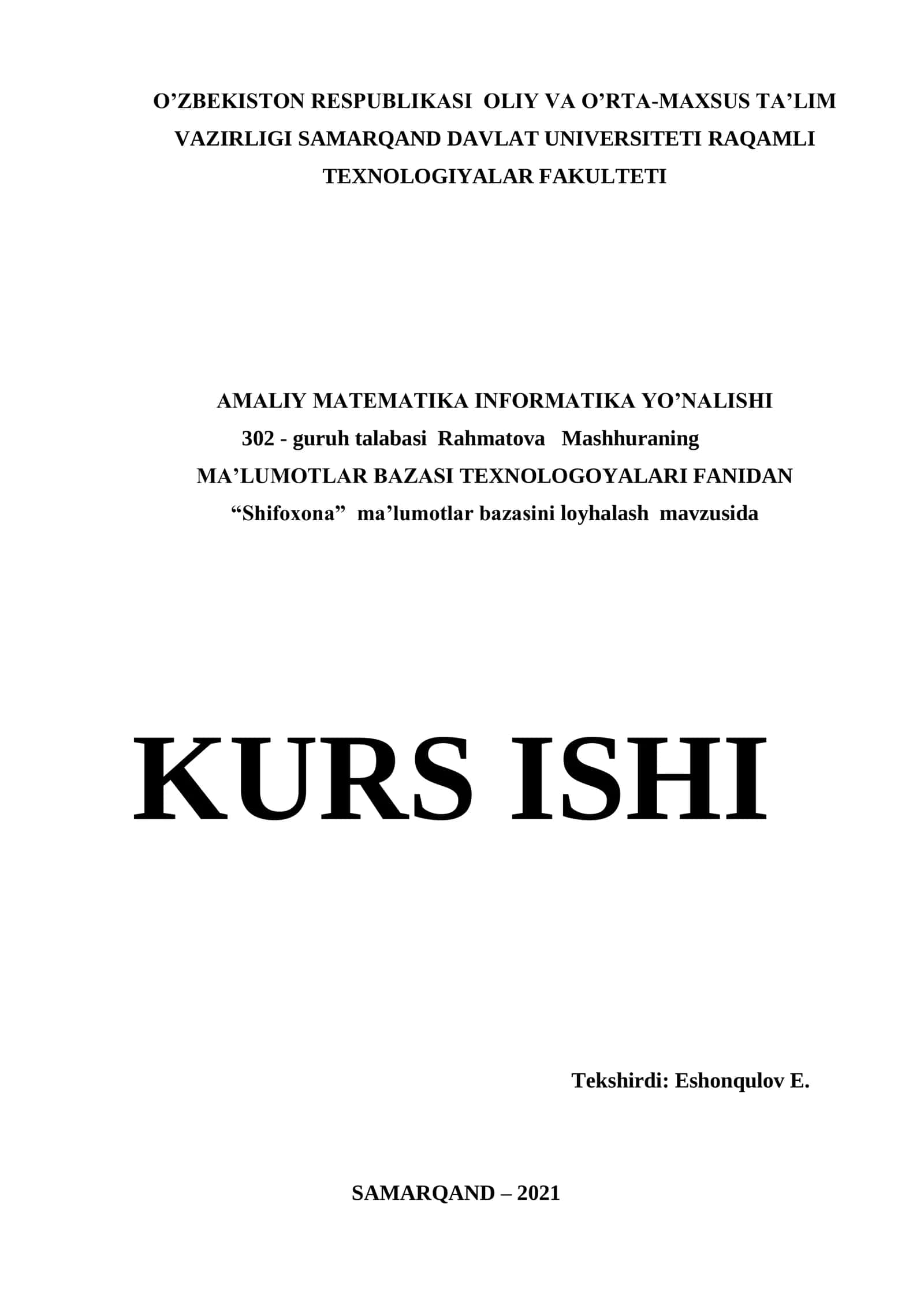 "Shifoxona" ma'lumotlar bazasini yaratish 1
