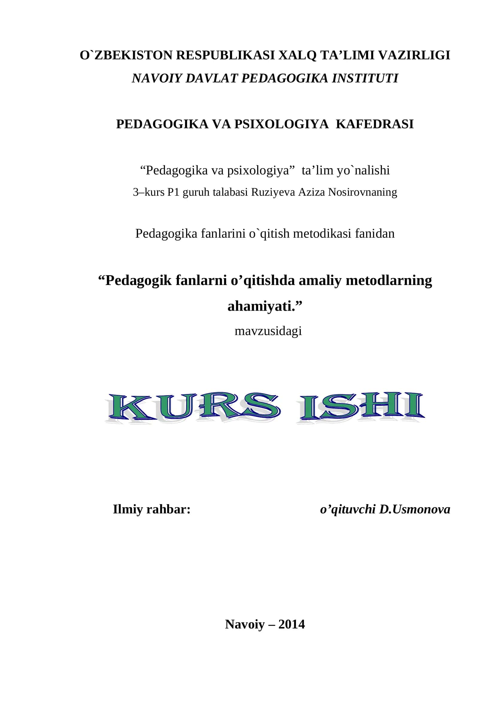 Pedagogika fanlarini o`qitish metodikasi 1