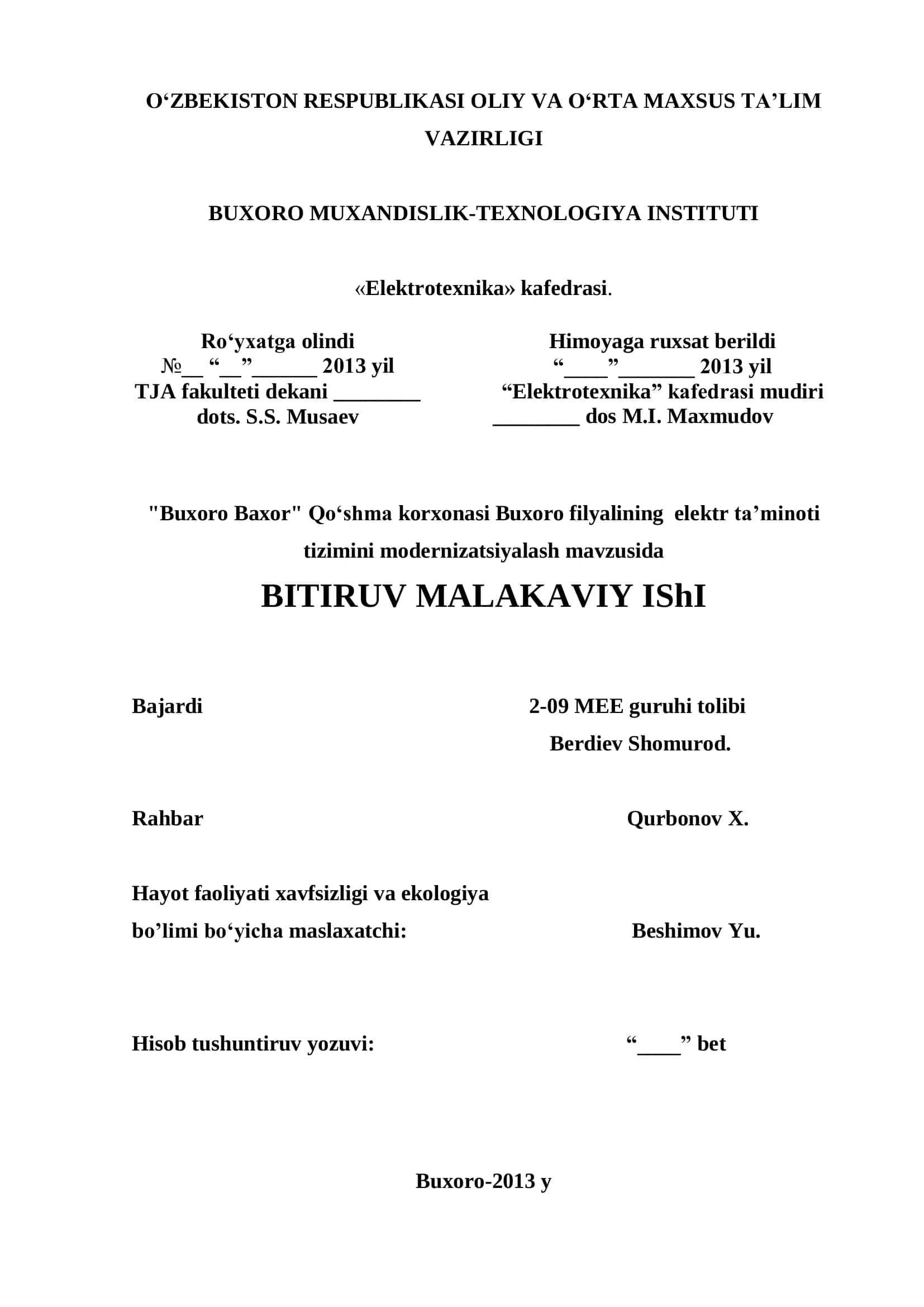 Modernizatsiyalash mavzusida BITIRUV MALAKAVIY IShI 1