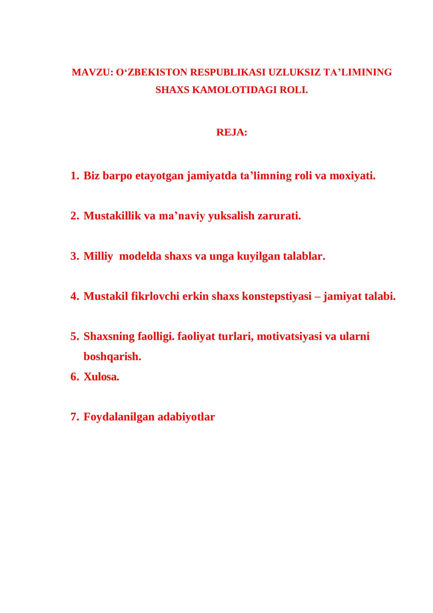 O„ZBEKISTON RESPUBLIKASI UZLUKSIZ TA‟LIMINING SHAXS KAMOLOTIDAGI ROLI 1