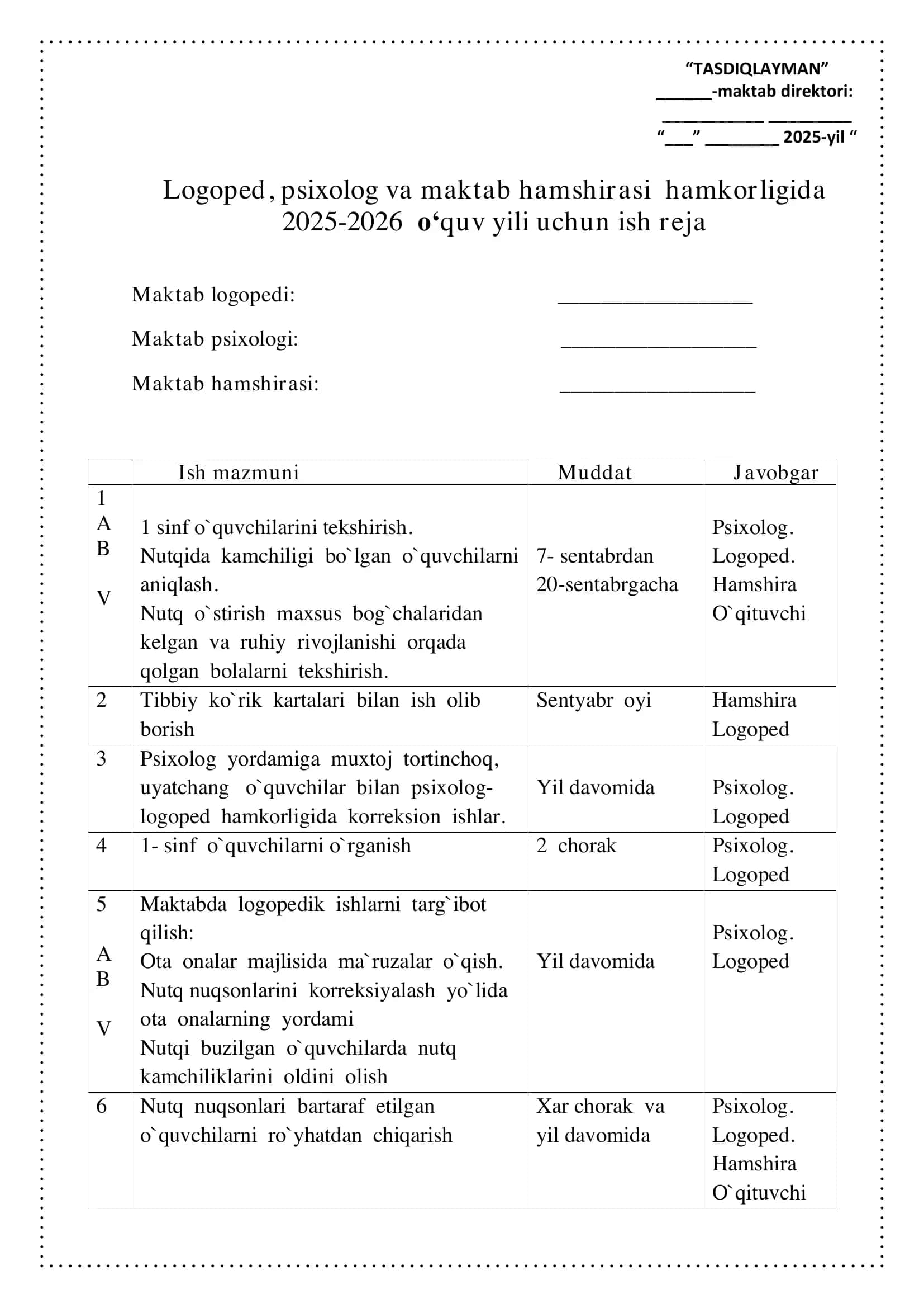 Logoped, psixolog va maktab hamshirasi hamkorligida 2025-2026 o‘quv yili uchun ish reja 1