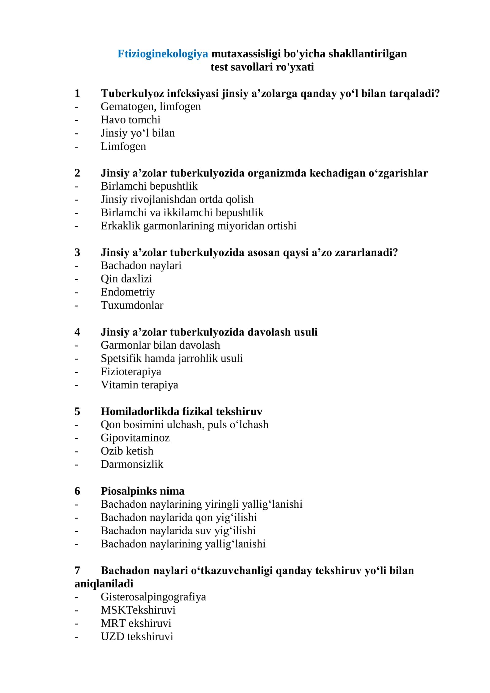 Ftizioginekologiya mutaxassisligi bo'yicha shakllantirilgan test savollari ro'yxati 2026 1