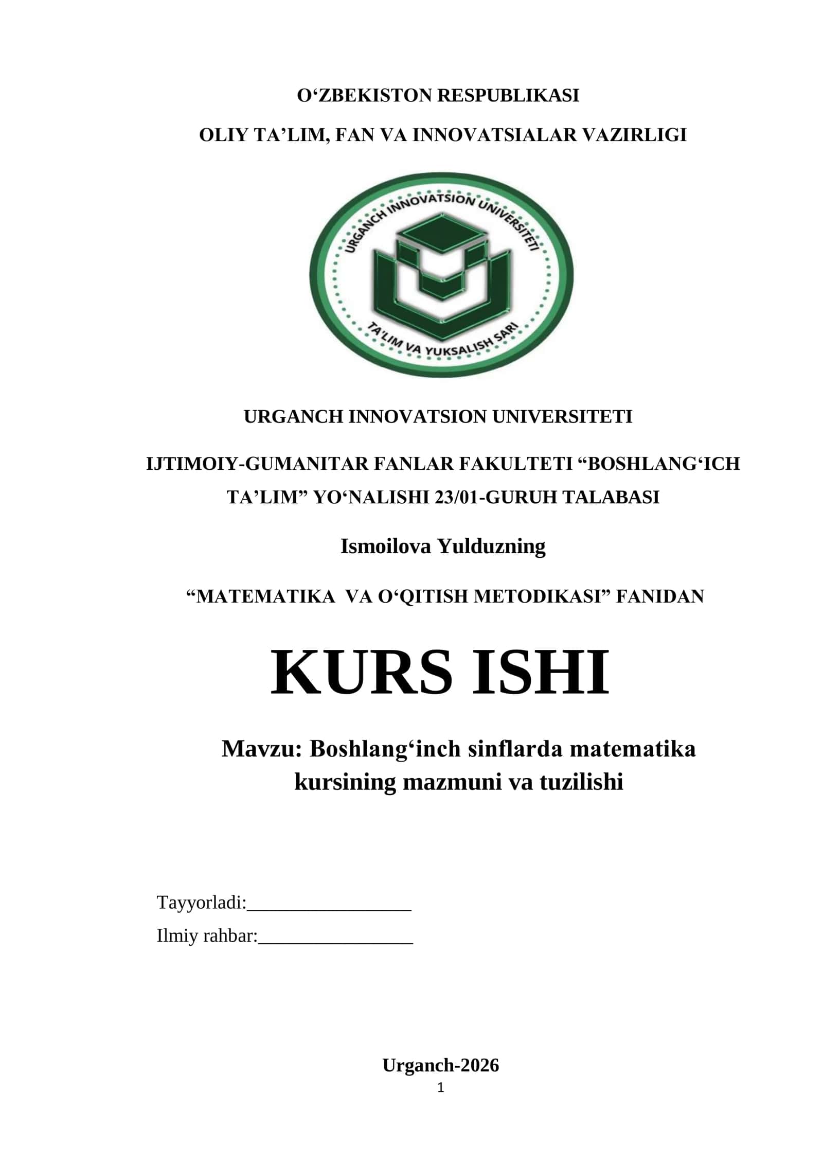 BOSHLANG‘ICH SINFLARDA MATEMATIKA KURSINING MAZMUNI VA TUZILISHI 1