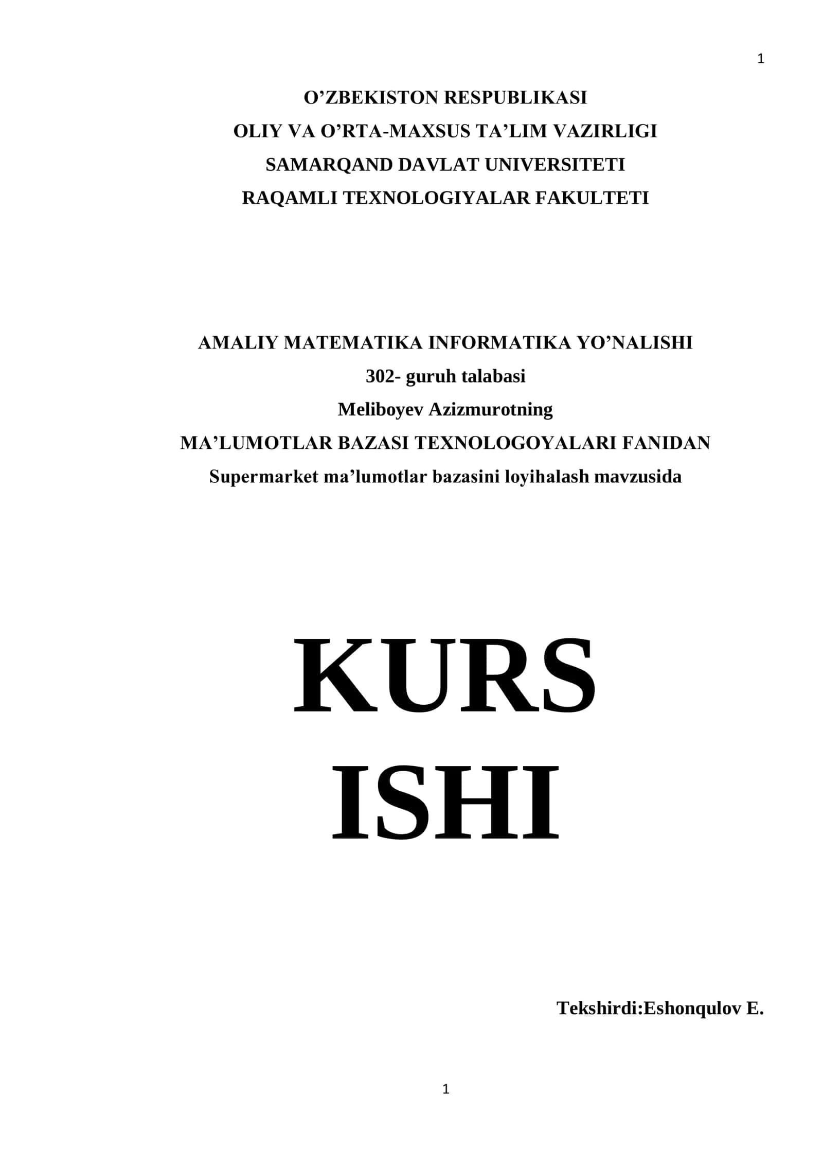 Supermarket ma’lumotlar bazasi texnologiyalari 1