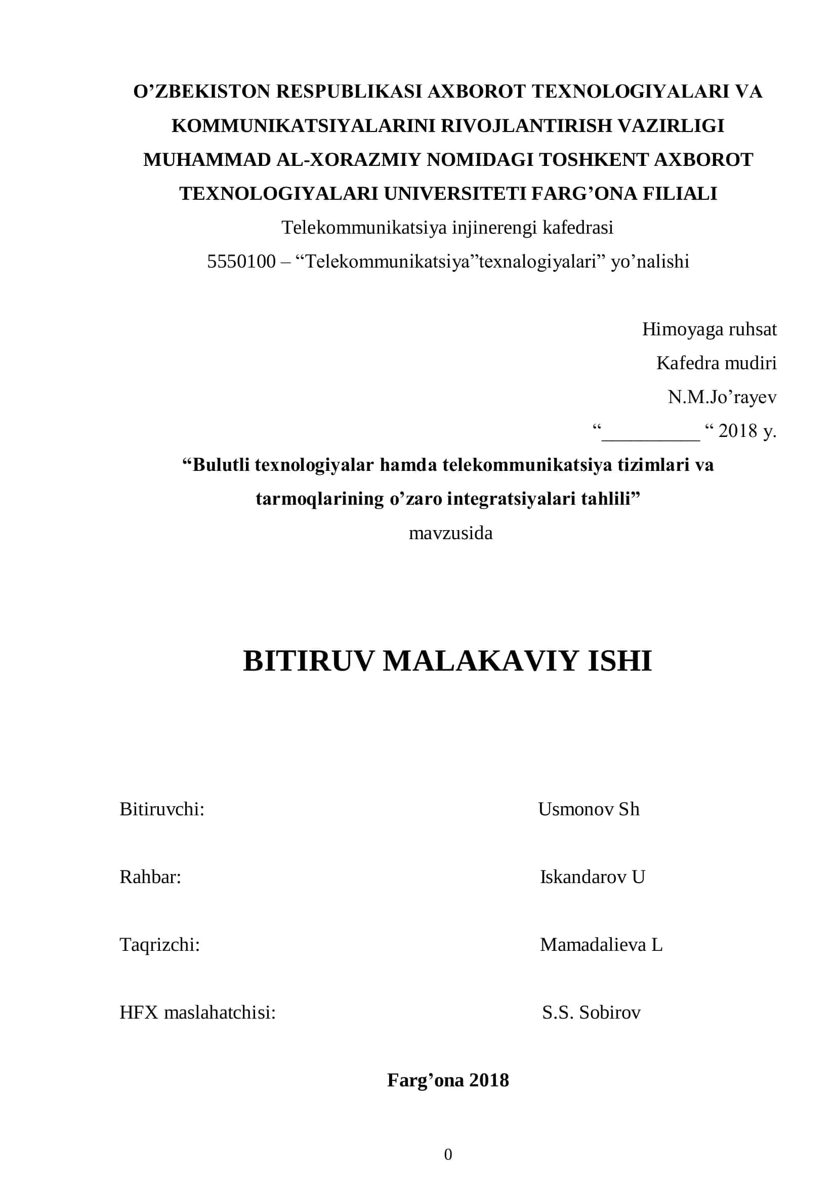 Bulutli texnologiyalar hamda telekommunikatsiya tizimlari va tarmoqlarining o’zaro integratsiyalari tahlili 1