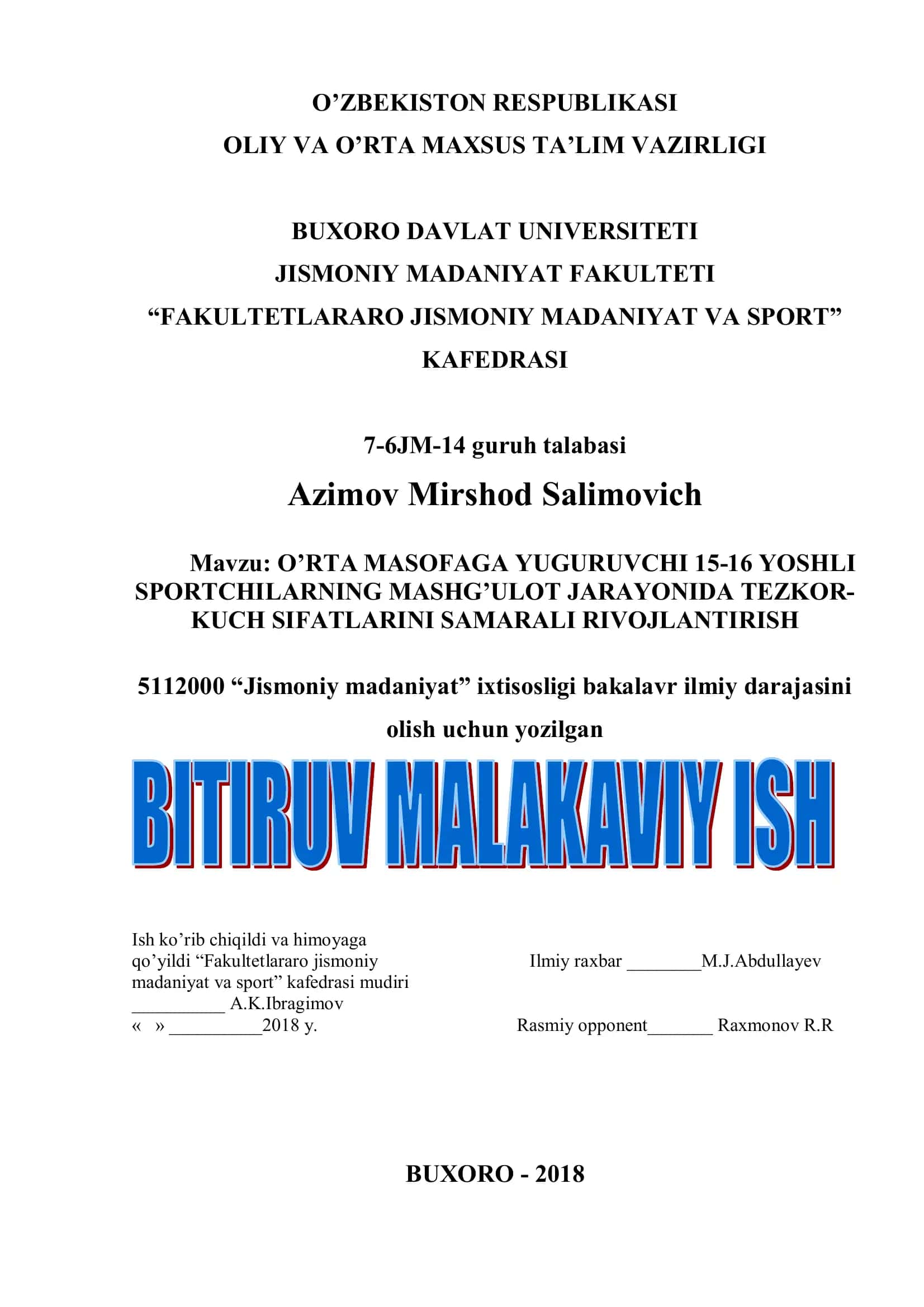 O’RTA MASOFAGA YUGURUVCHI 15-16 YOSHLI SPORTCHILARNING MASHG’ULOT JARAYONIDA TEZKOR- KUCH SIFATLARINI SAMARALI RIVOJLANTIRISH 1