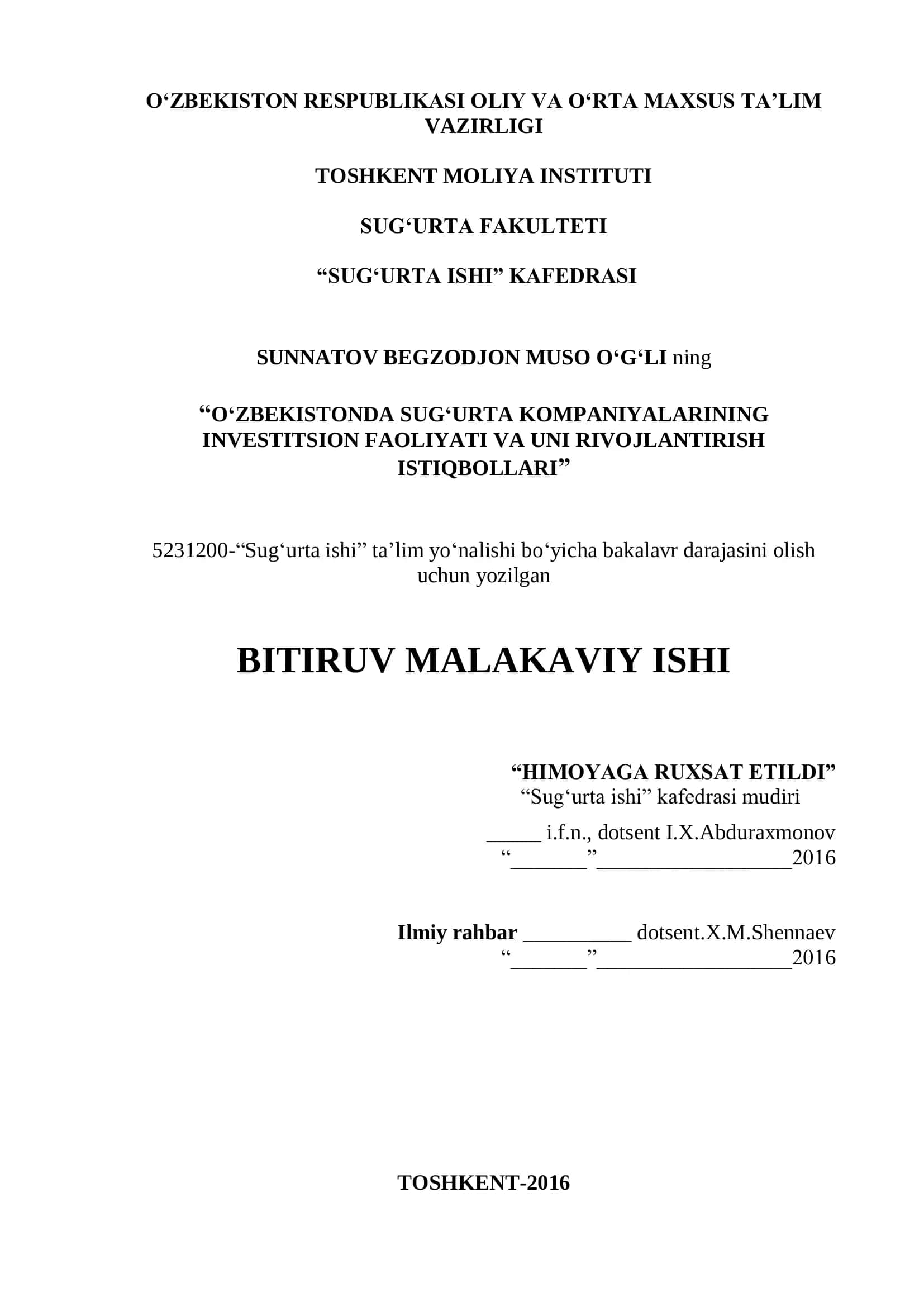 Sug‘urta kompaniyalarining investitsiya faoliyati va uni rivojlantirish istiqbollari 1