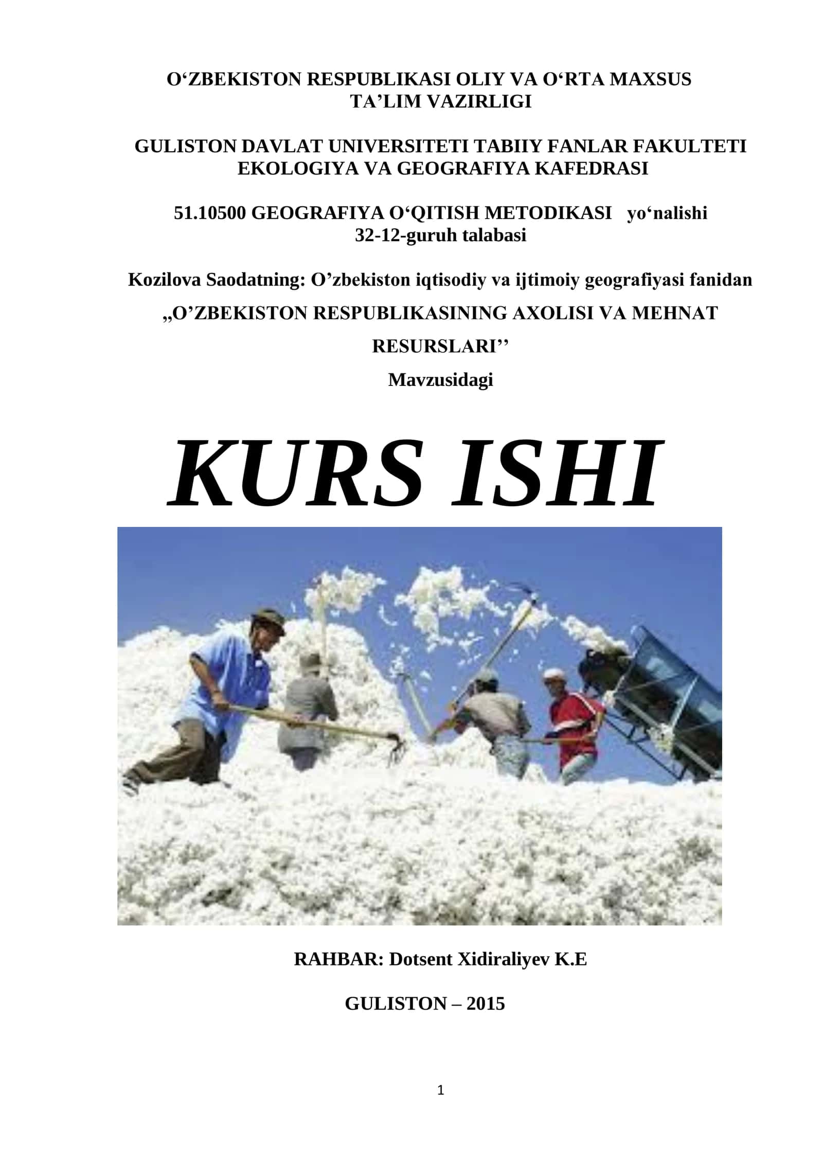 O‘ZBEKISTON RESPUBLIKASINING AXOLISI VA MEHNAT RESURSLARI 1