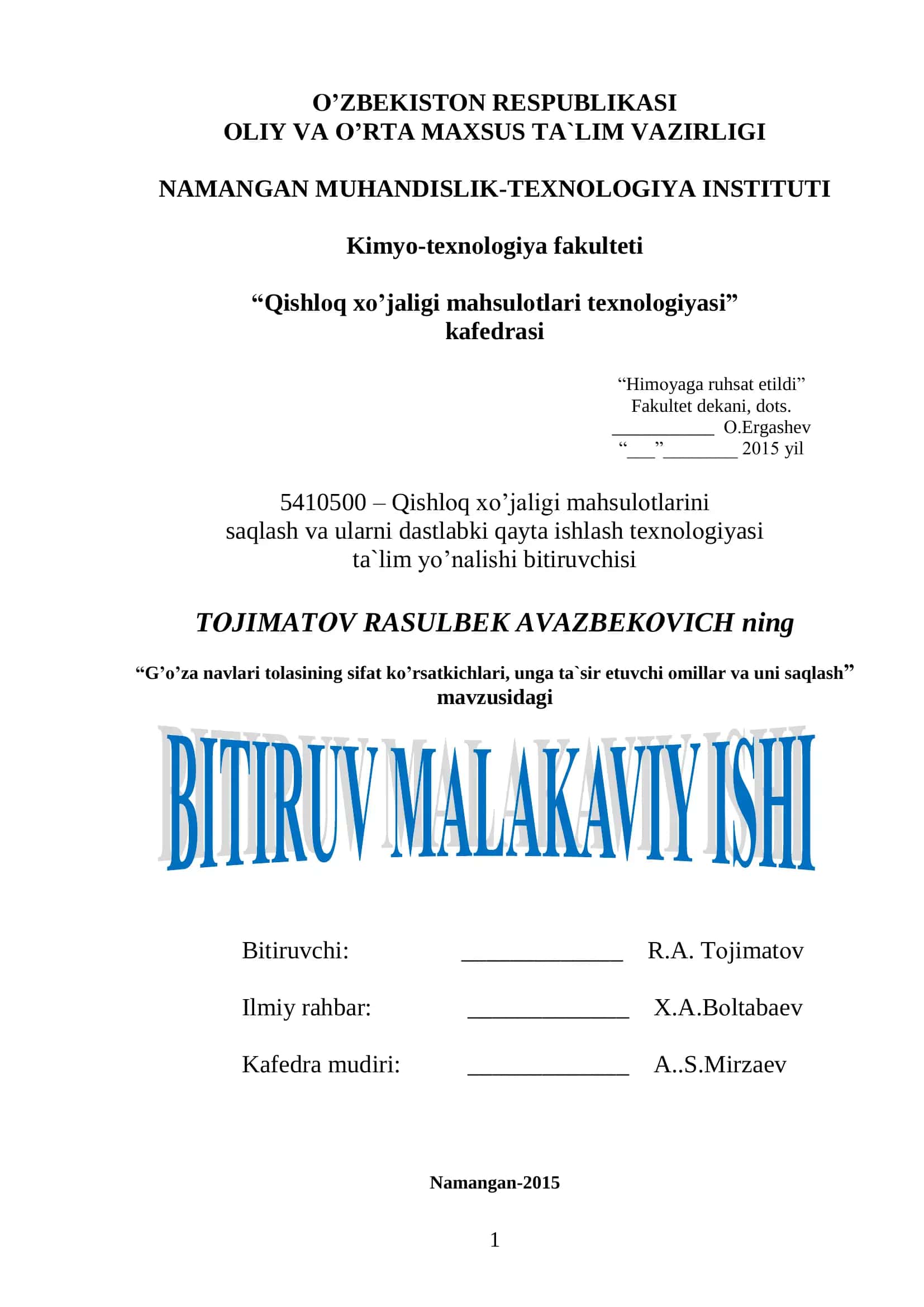 G’o’za navlari tоlasining sifat ko’rsatkichlari, unga ta`sir etuvchi оmillar va uni saqlash 1