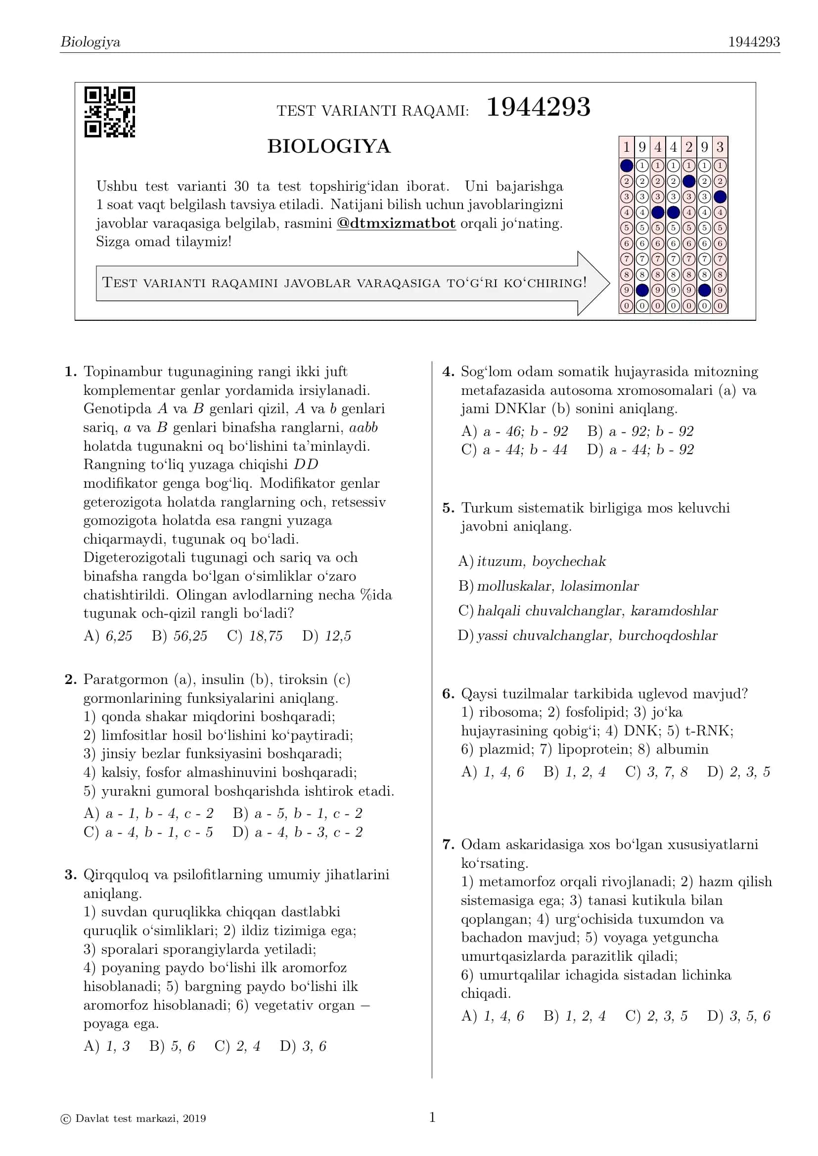 BIOLOGIYA TEST VARIANTI RAQAMI: 1944293 1