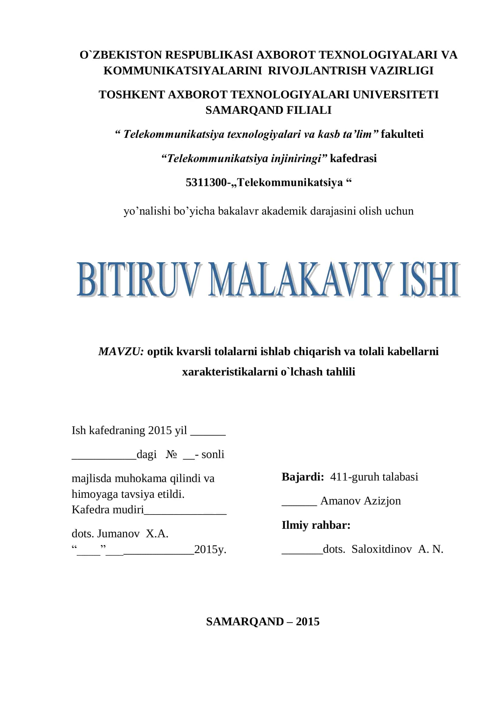 MAVZU: OPTIK KVARSLI TOLALARNI ISHLAB CHIQARISH VA TOLALI KABELLARNI XARAKTERISTIKALARNI O`LCHASH TAHLILI 1