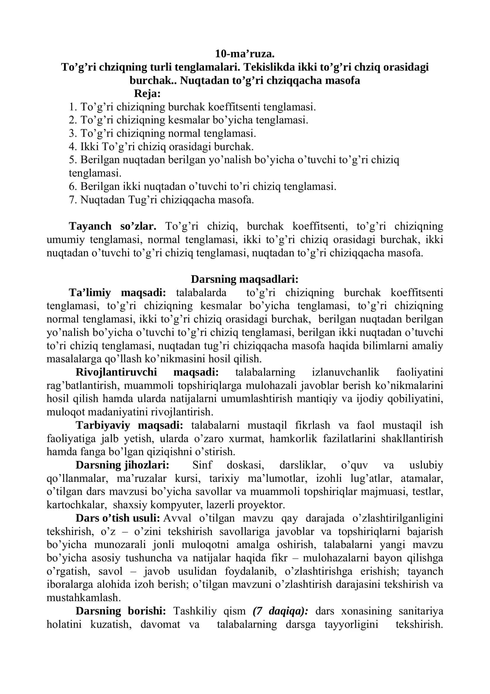 Oliy matematika: to‘g‘ri chiziq tenglamalari, burchak va masofa (PDF) 1
