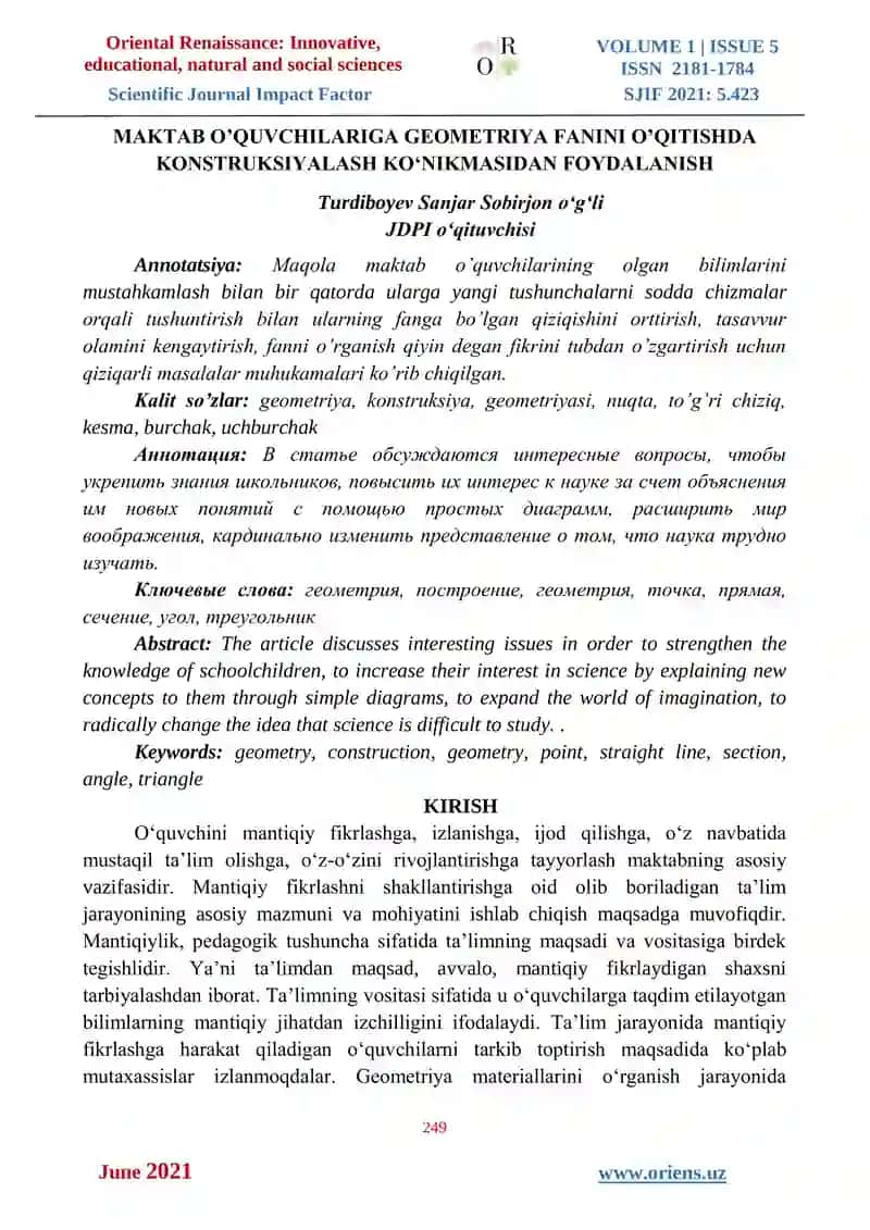 MAKTAB O’QUVCHILARIGA GEOMETRIYA FANINI O’QITISHDA KONSTRUKSIYALASH KO‘NIKMASIDAN FOYDALANISH