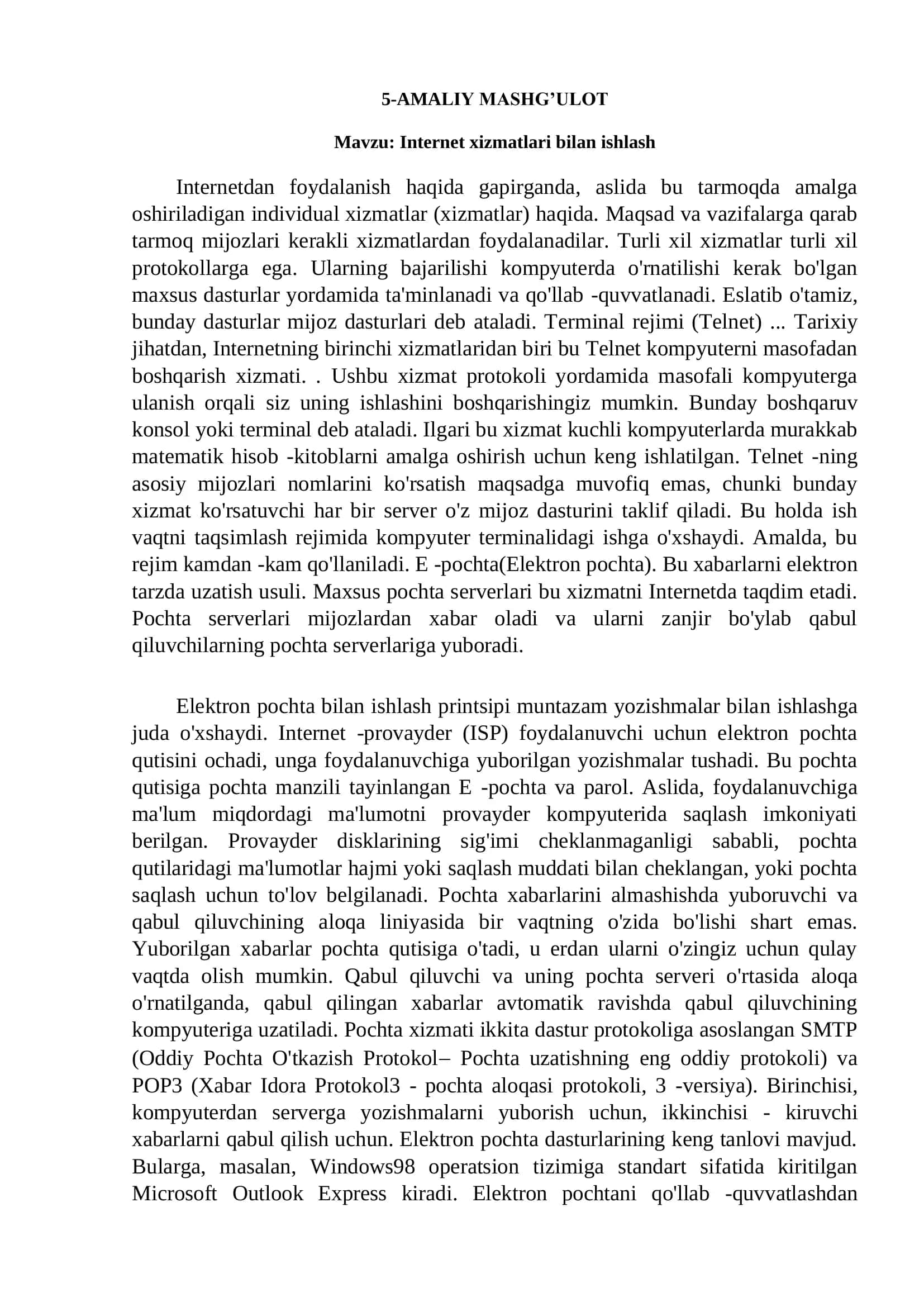 Internet xizmatlari bilan ishlash 1