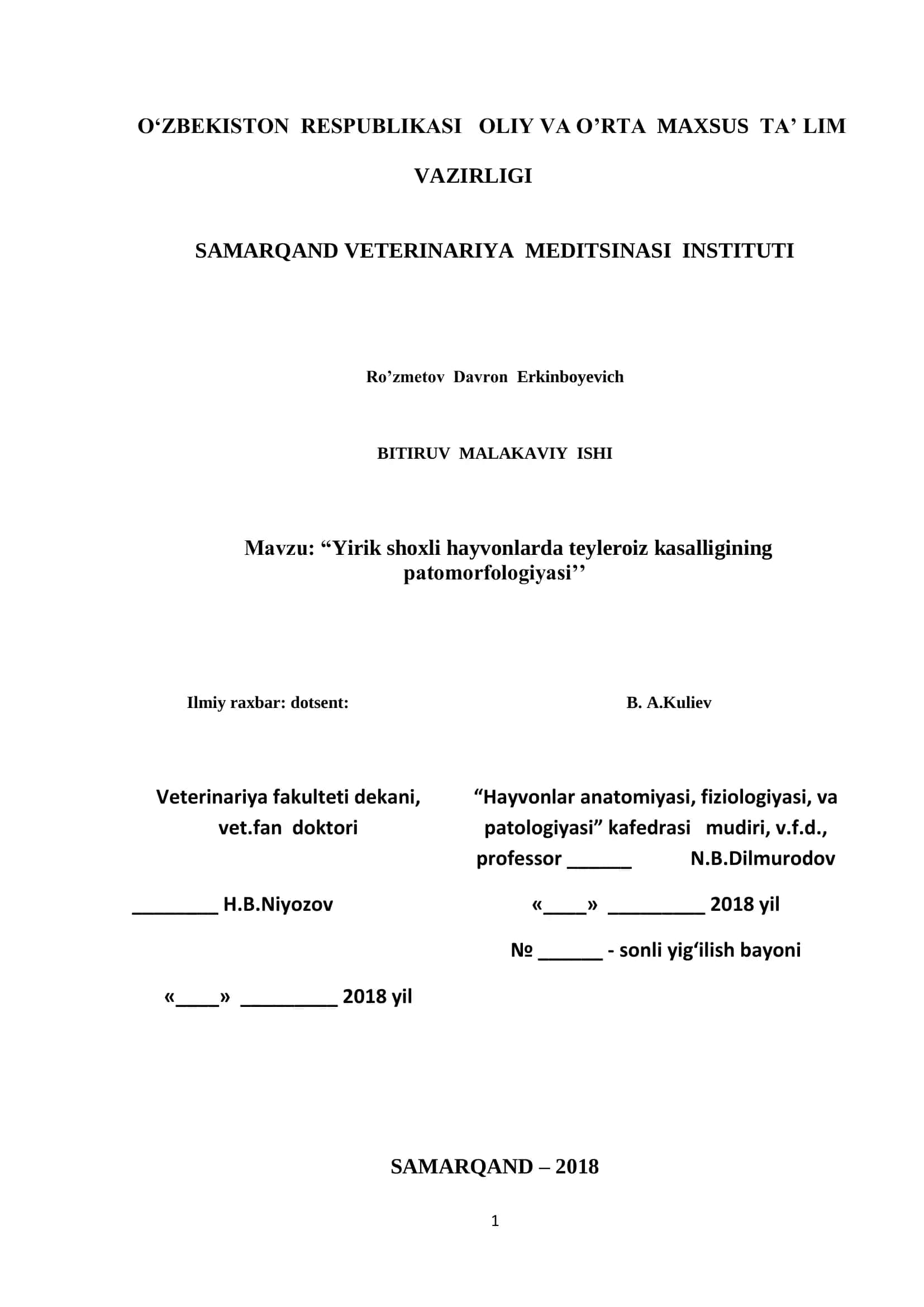 “Yirik shoxli hayvonlarda teyleroiz kasalligining patomorfologiyasi” 1