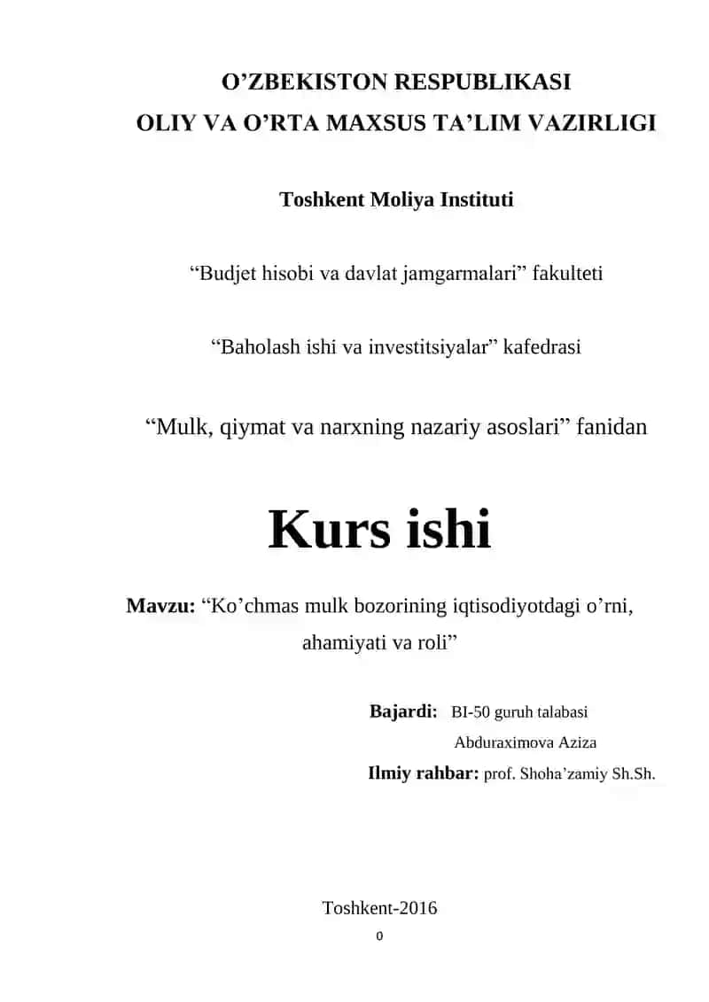 Ko’chmas mulk bozorining iqtisodiyotdagi o’rni, ahamiyati va roli