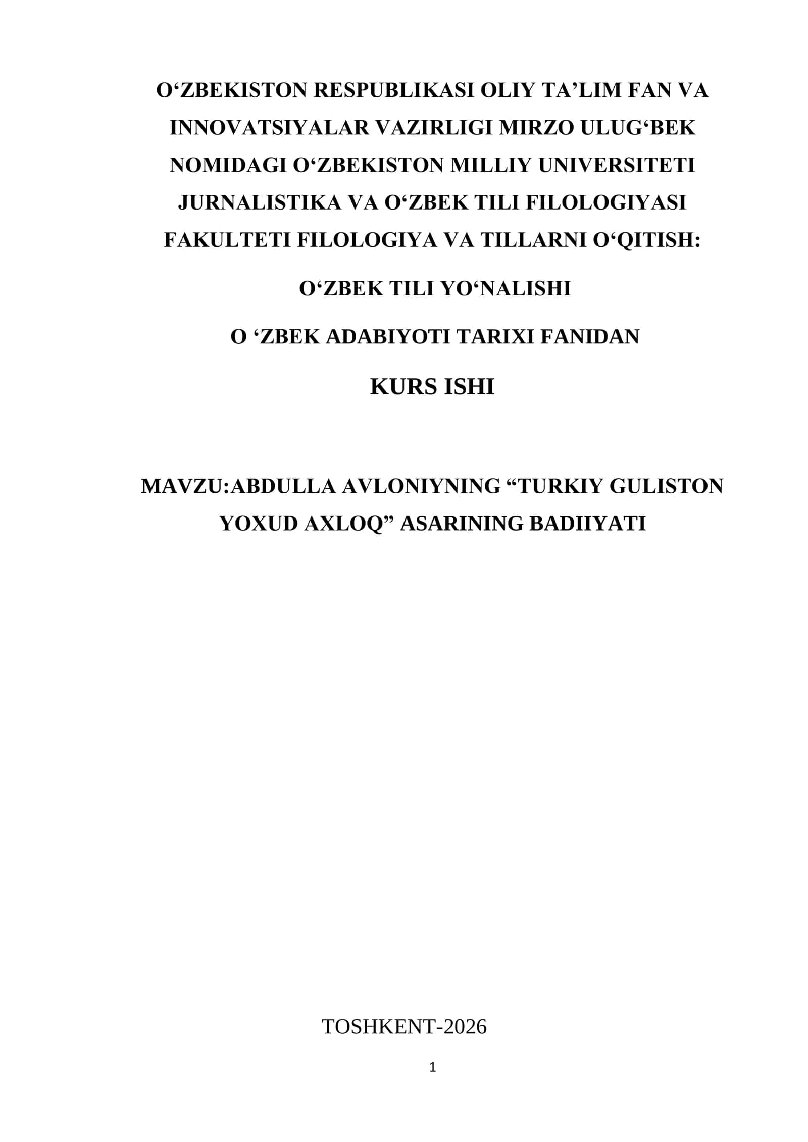 ABDULLA AVLONIYNING “TURKIY GULISTON YOXUD AXLOQ” ASARINING BADIIYATI 1
