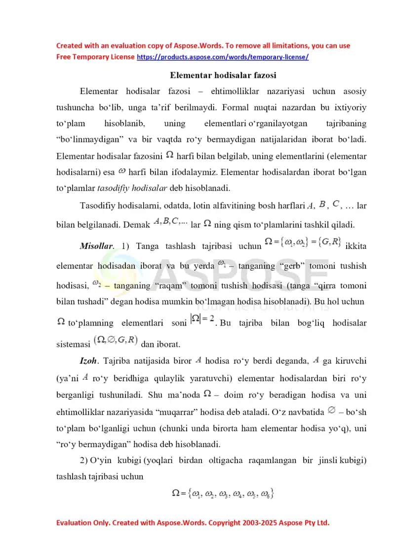 Elementar hodisalar fazosi 1