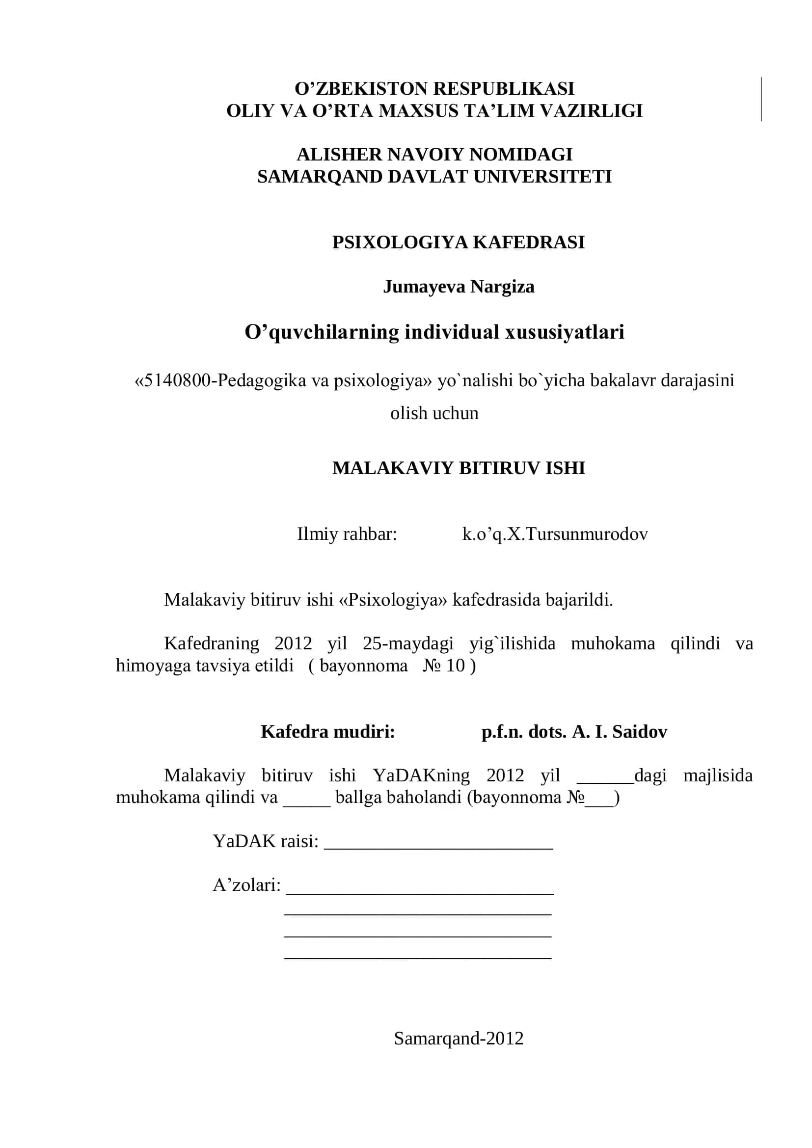 Malakaviy Bitiruv Ishi "Psixologiya" Kafedrasida Jumayeva Nargiza 1