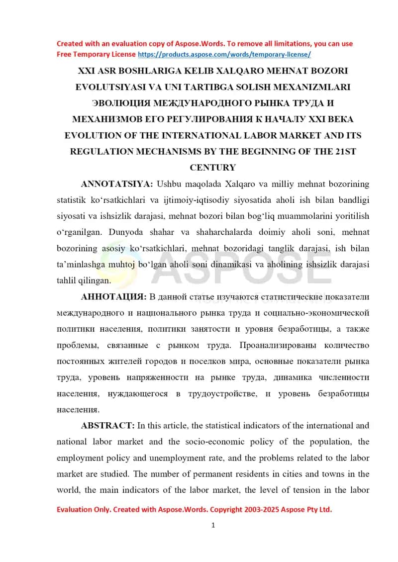 XXI asr boshlariga kelib xalqaro mehnat bozori evolutsiyasi va uni tartibga solish mexanizmlari 1